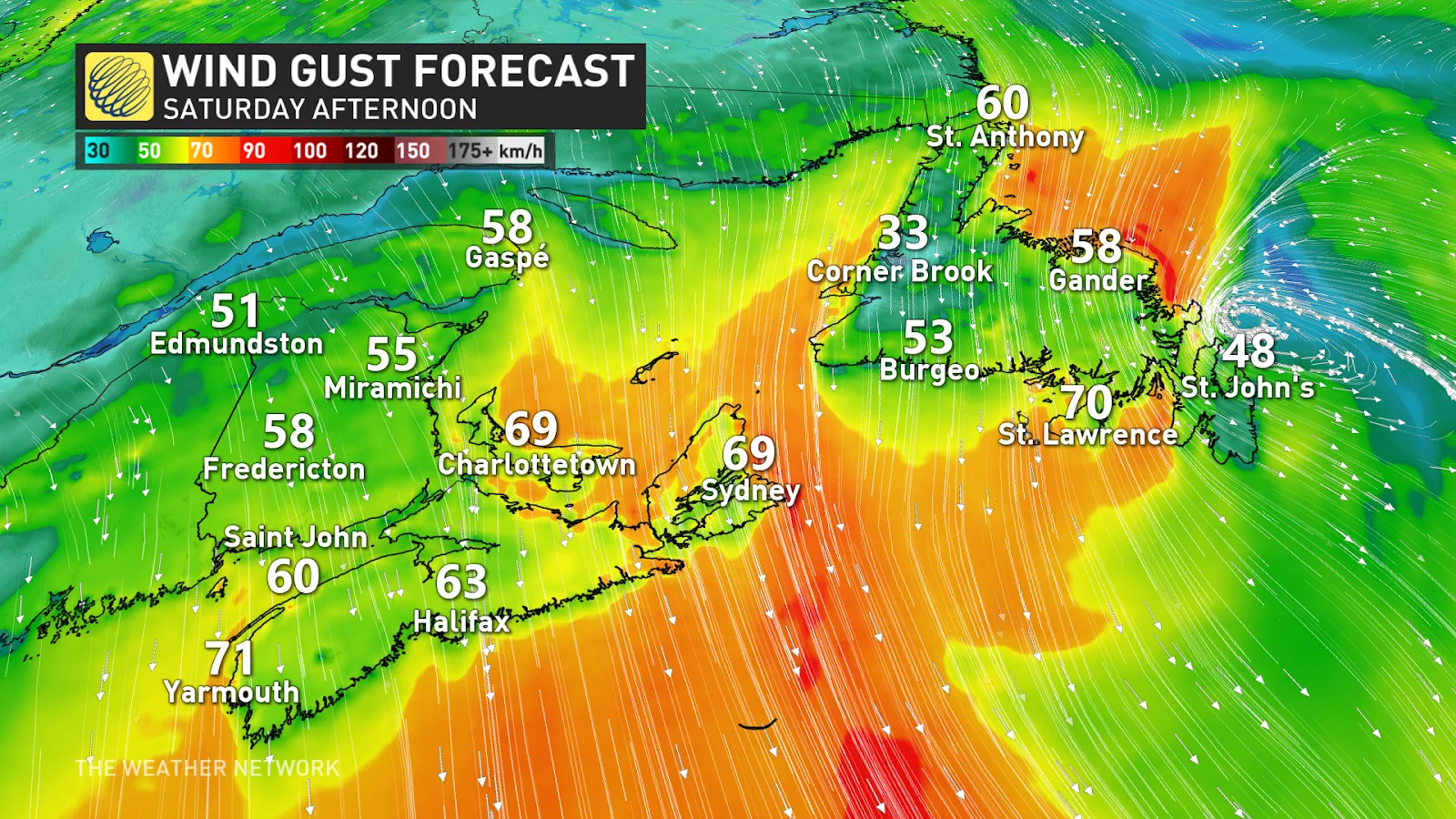 Atlantic Canada wind gusts Saturday afternoon
