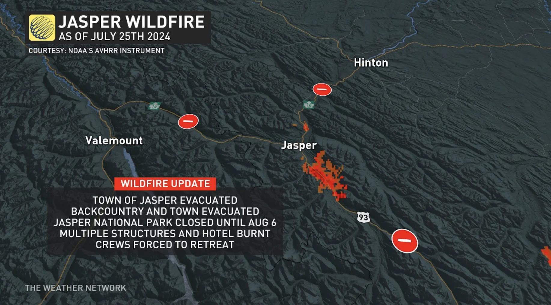 July 25, 2024: Alberta wildfires update - Jasper National Park. 11 pm update. (NOAA/The Weather Network)