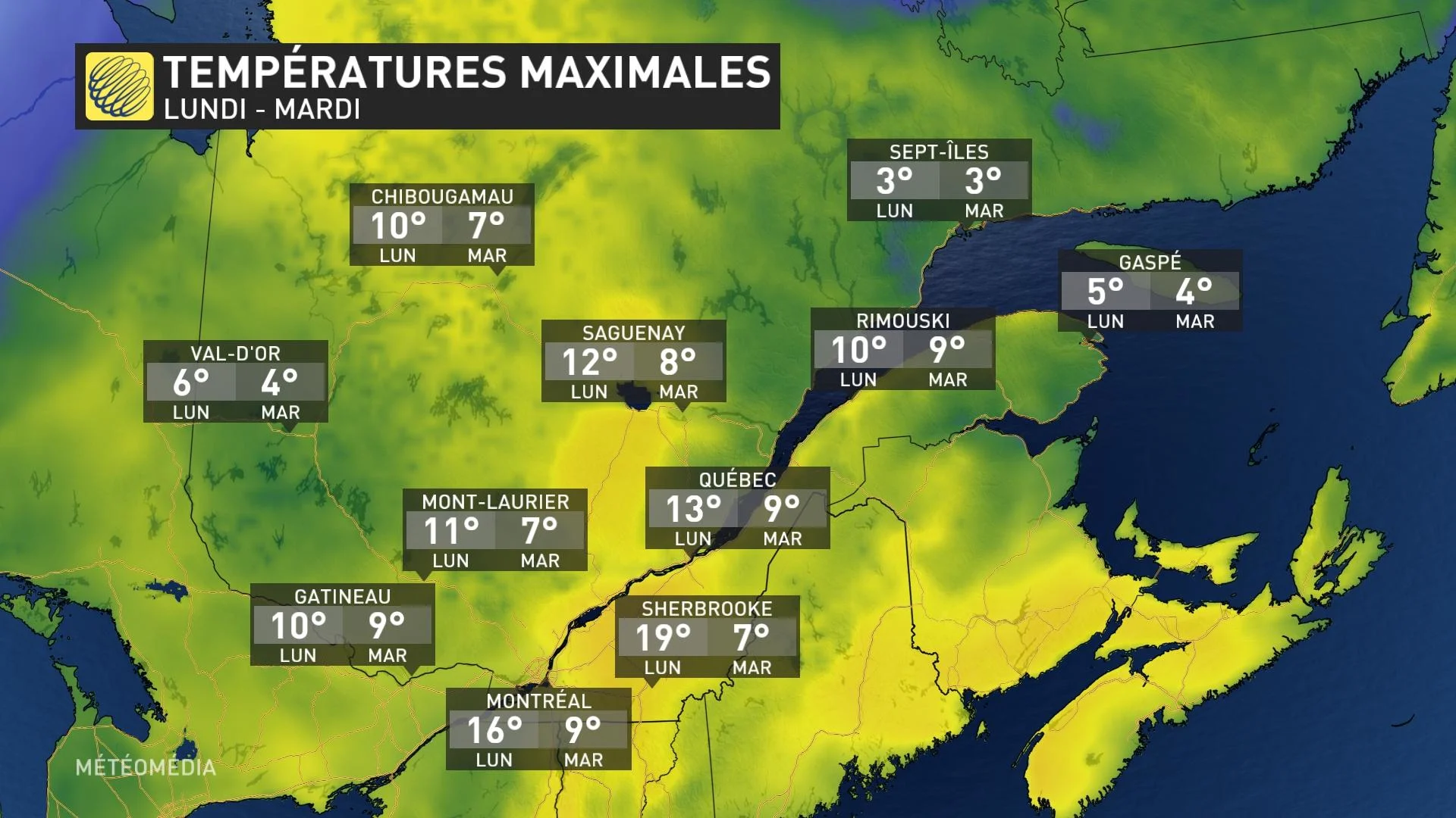 Températures maximales lundi et mardi