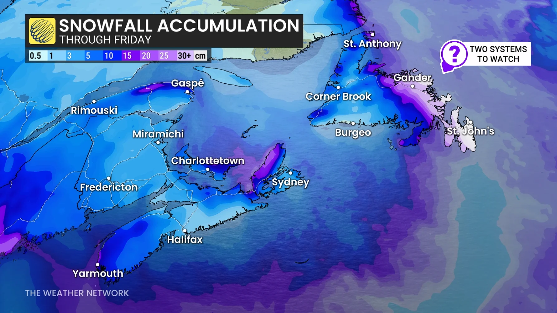 Atlantic Canada snowfall forecast through Friday