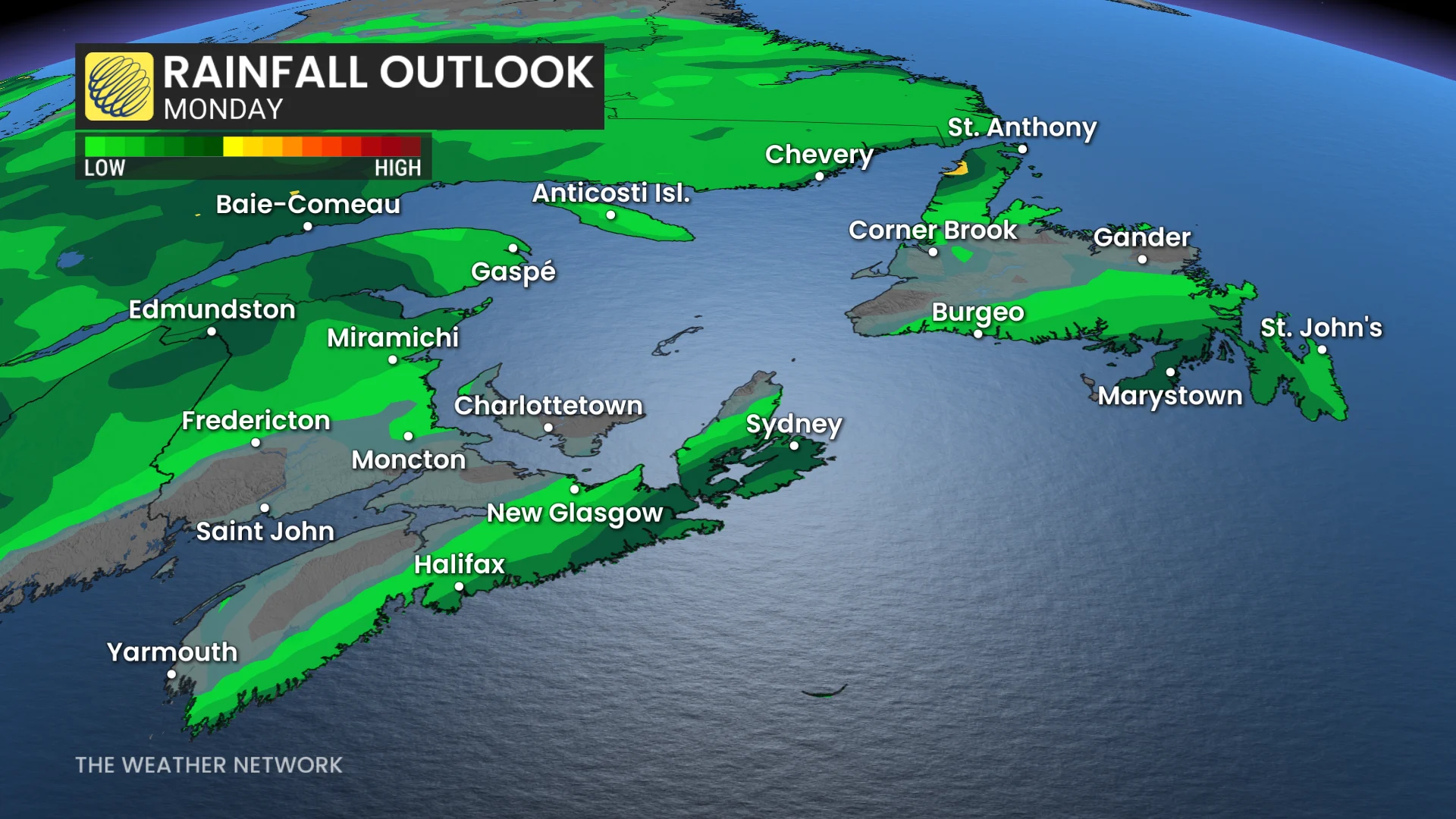 Atlantic Canada rainfall Monday