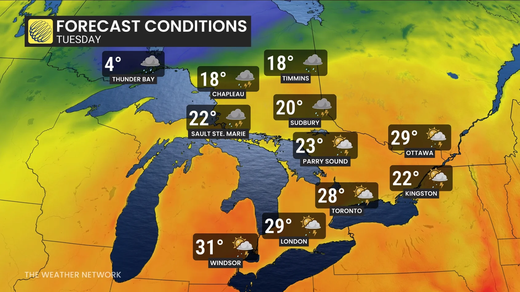 Ontario temperatures and icons Tuesday