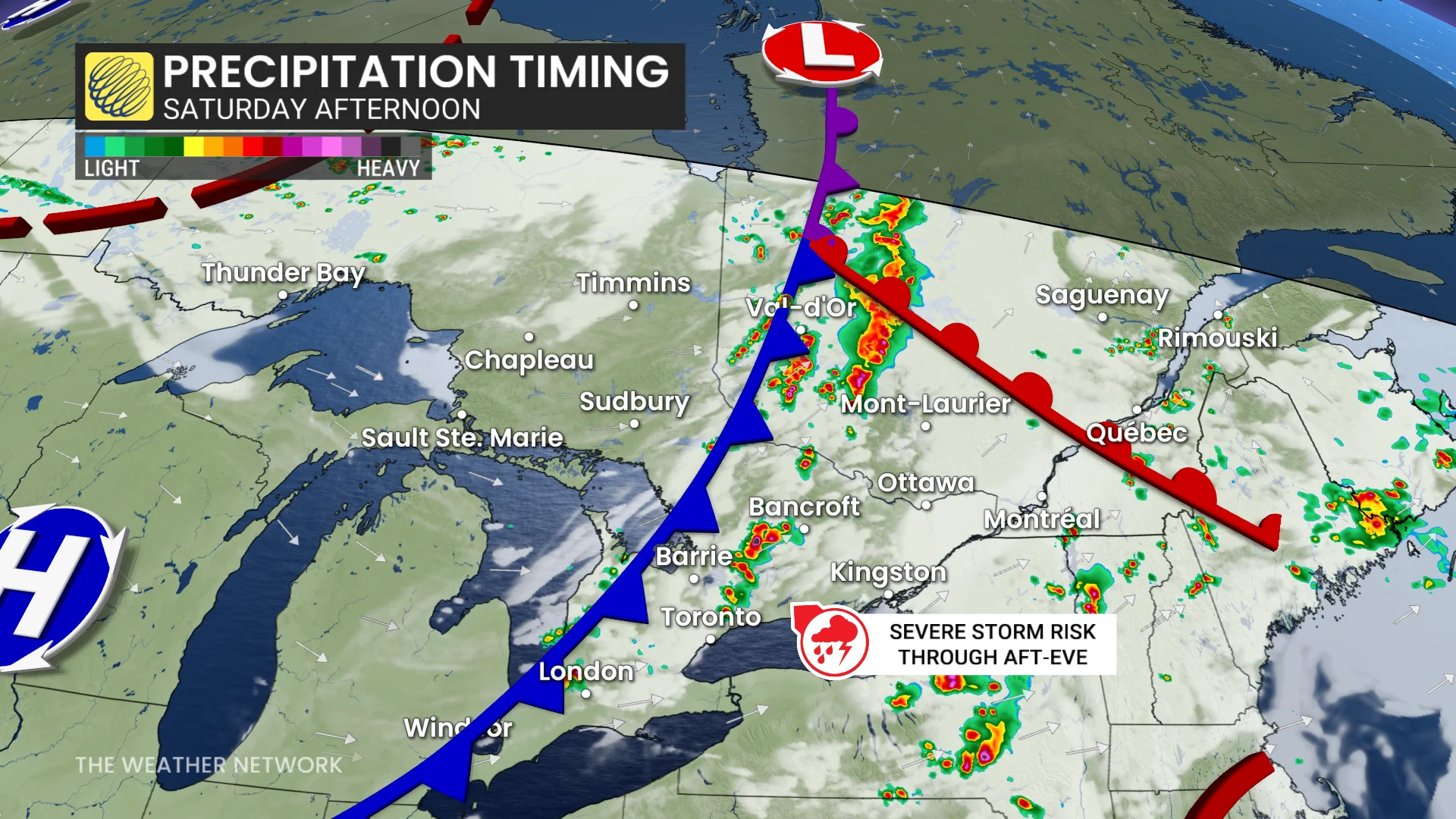 Ontario-Quebec precipitation timing Saturday afternoon