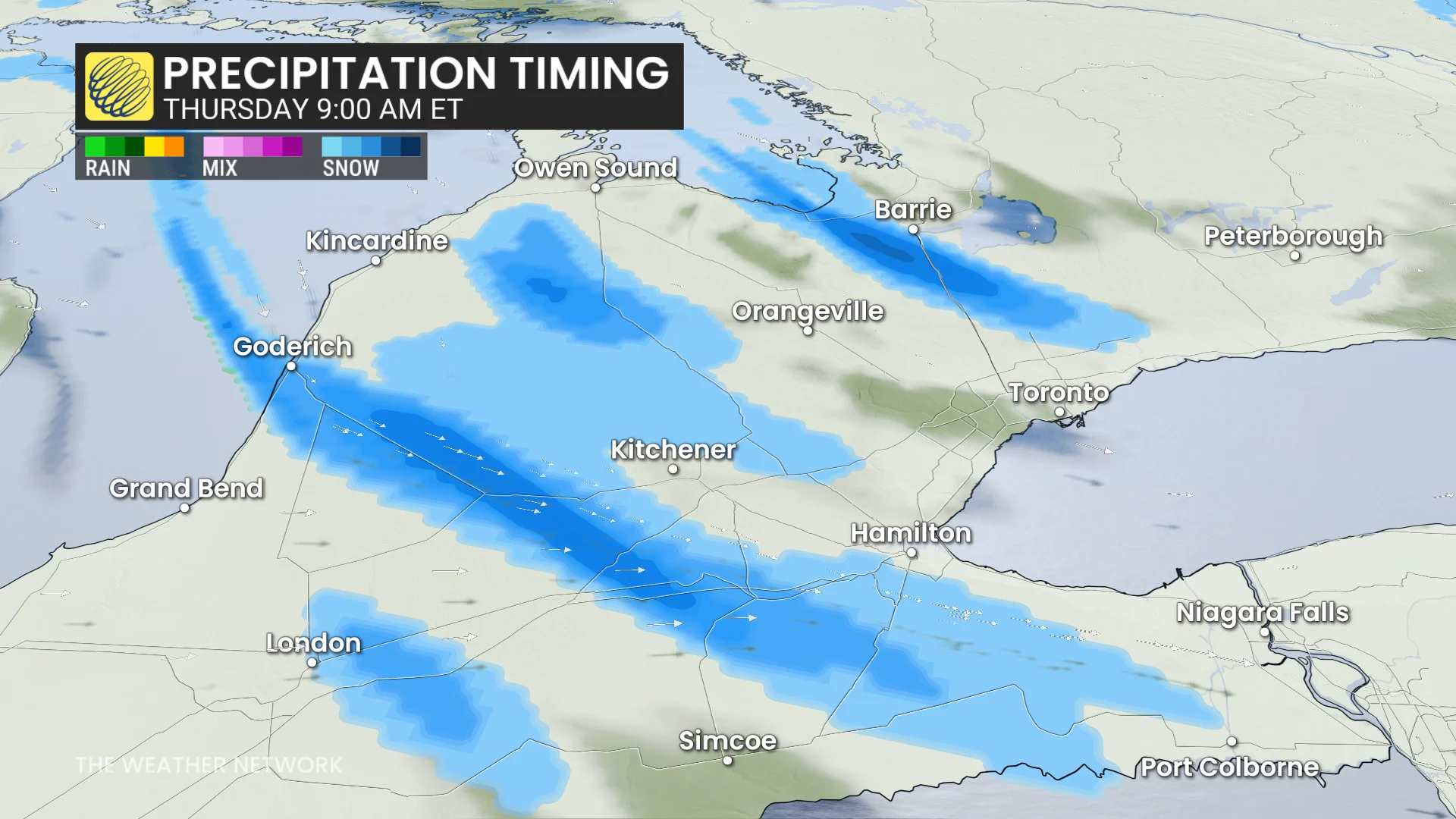 Ontario precipitation timing Thursday morning