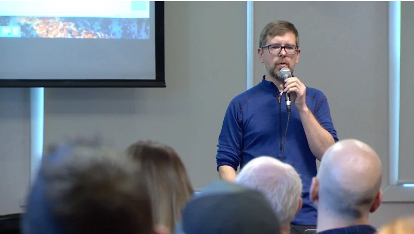CBC: Race director Robert Pollhammer speaks to participants in the 2020 Yukon Arctic Ultra on Wednesday, the day before the racers hit the trail. (Steve Silva/CBC)