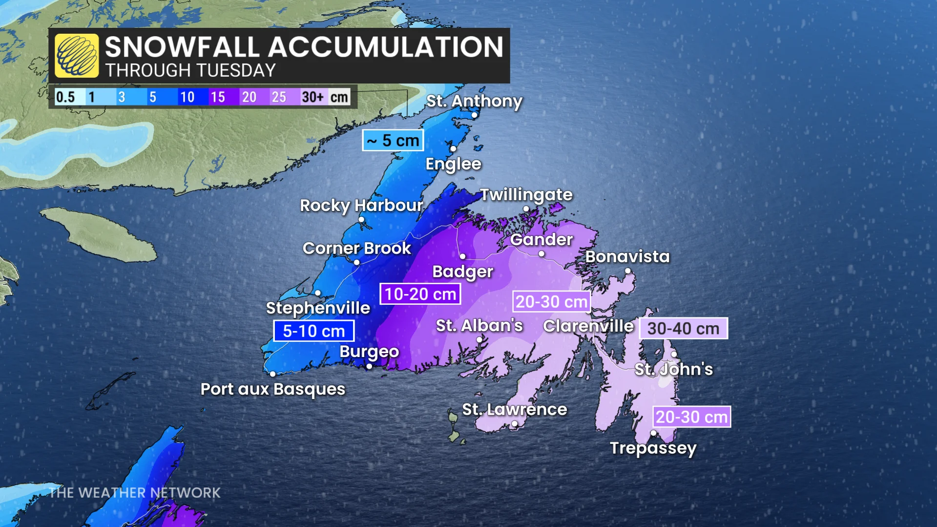 Newfoundland snowfall through Tuesday