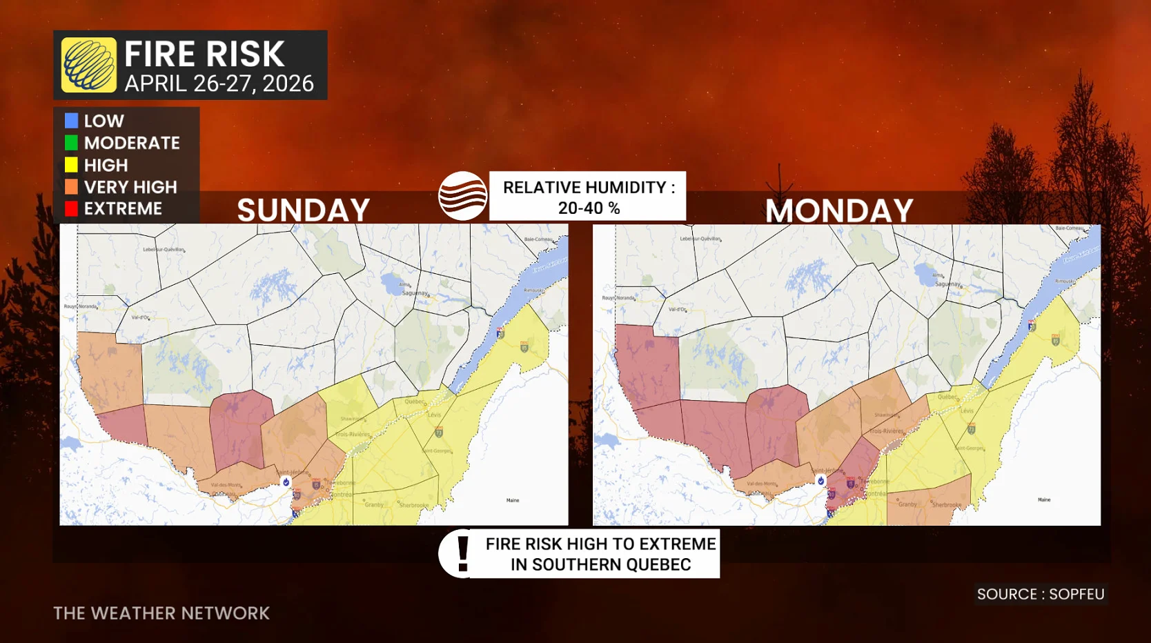 Quebec wildfire risk April 26-27