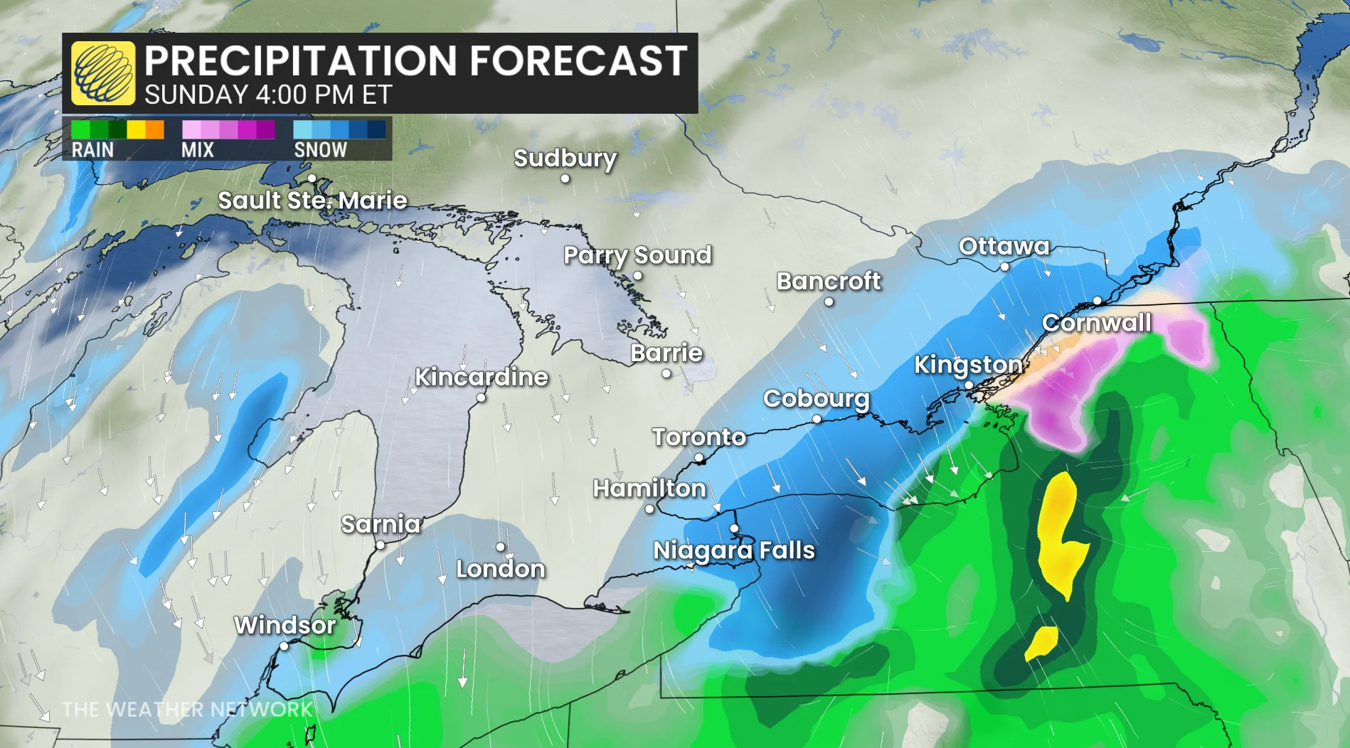 Ontario precipitation timing Sunday afternoon
