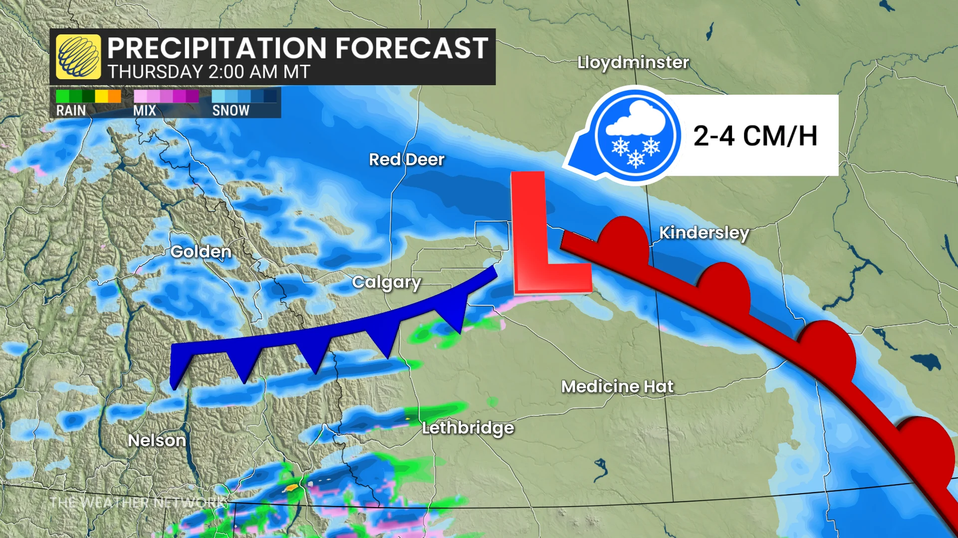 Alberta Saskatchewan Thursday 2 a.m. forecast precipitation - March 11, 2026