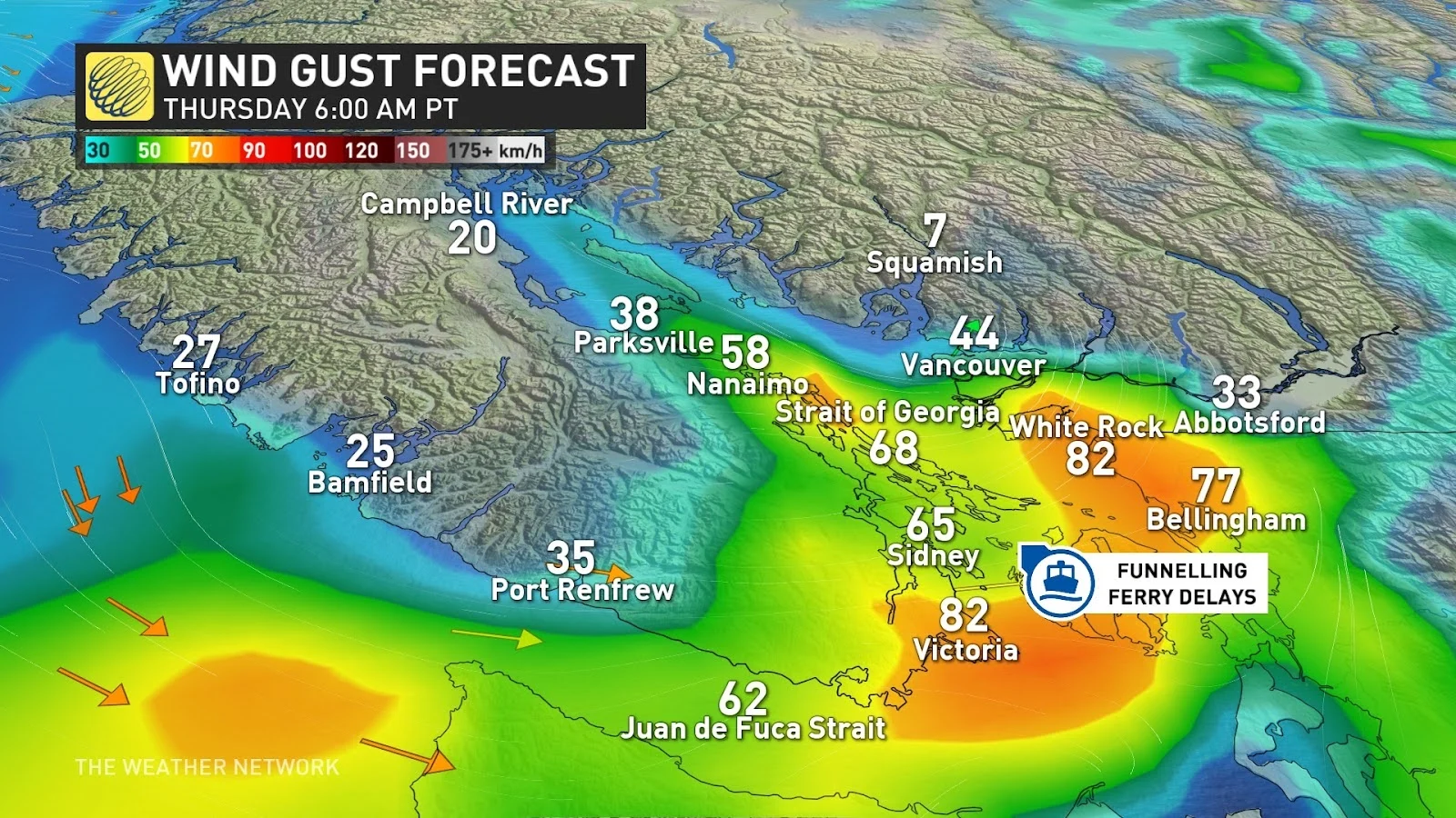 B.C. South Coast forecast wind gusts Thursday morning - Dec. 25, 2024