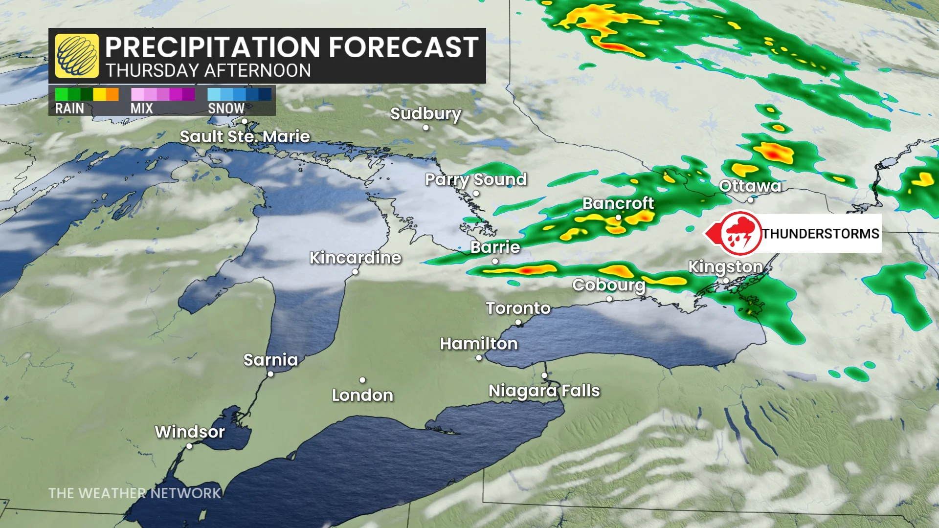 Ontario precipitation timing forecast Thursday afternoon
