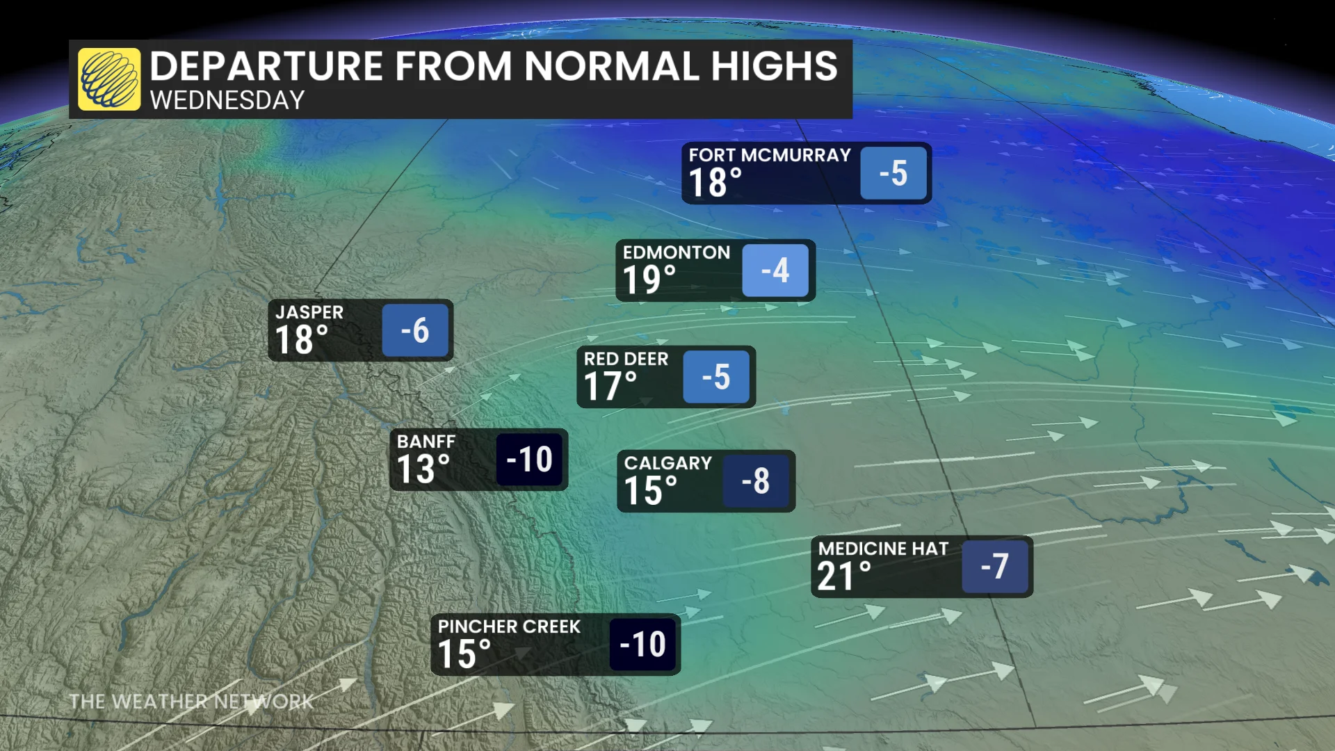 Alberta Wednedsay forecast highs and departures from norm - Aug. 11, 2026