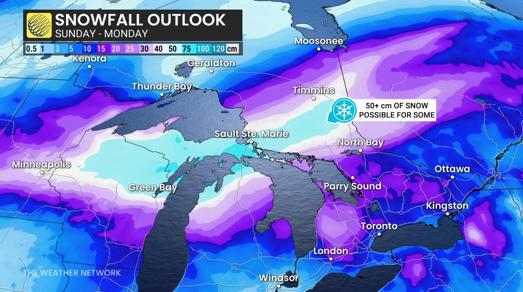 Ontario snowfall accumulation Sunday to Monday