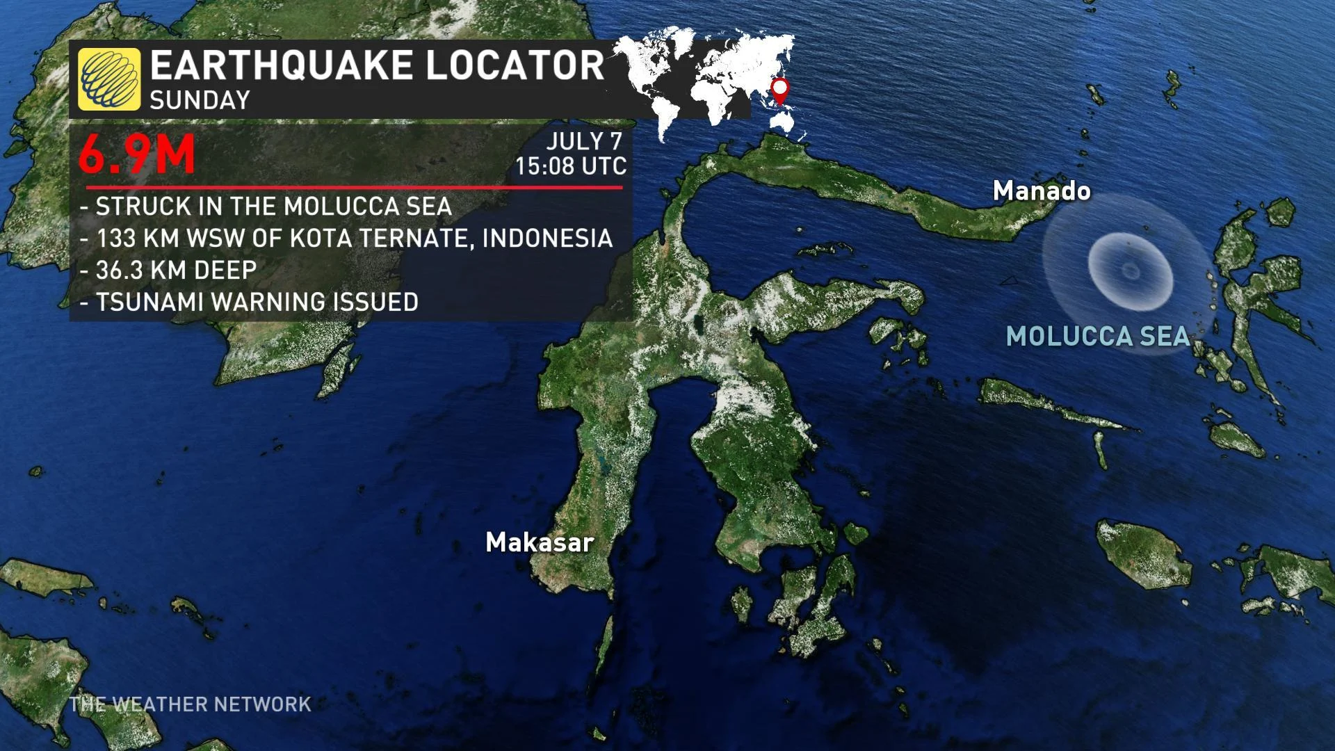 M6.9 earthquake hits Molucca Sea, prompting tsunami warning
