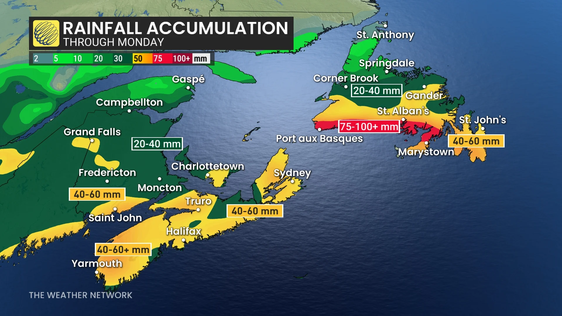 Atlantic Canada rainfall accumulation through Monday