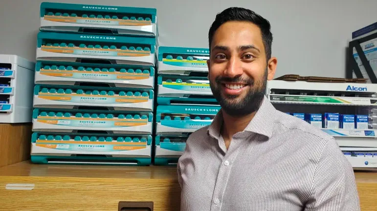Dr. Riyad Khamis of Huron-Highbury Optometry in London, Ont., says contact lenses are often overlooked from a recycling aspect. (Isha Bhargava/CBC)