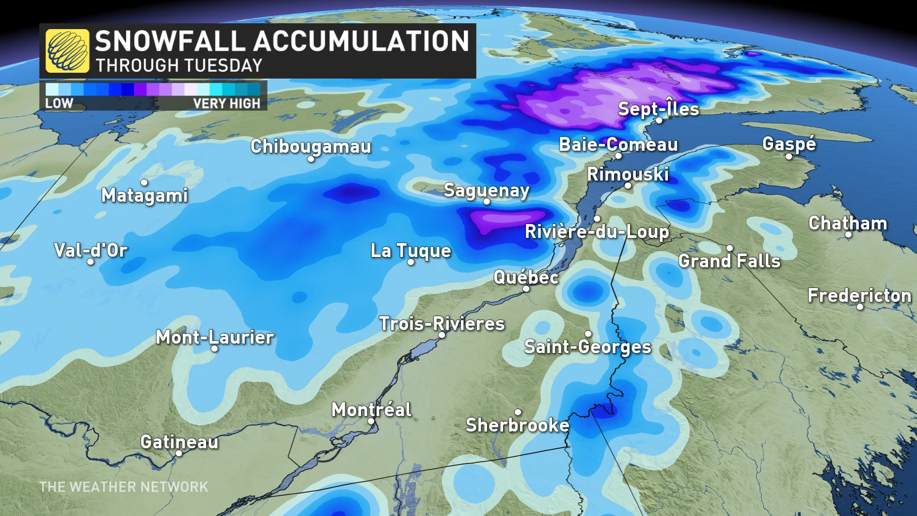 Quebec snowfall accumulations through Tuesday