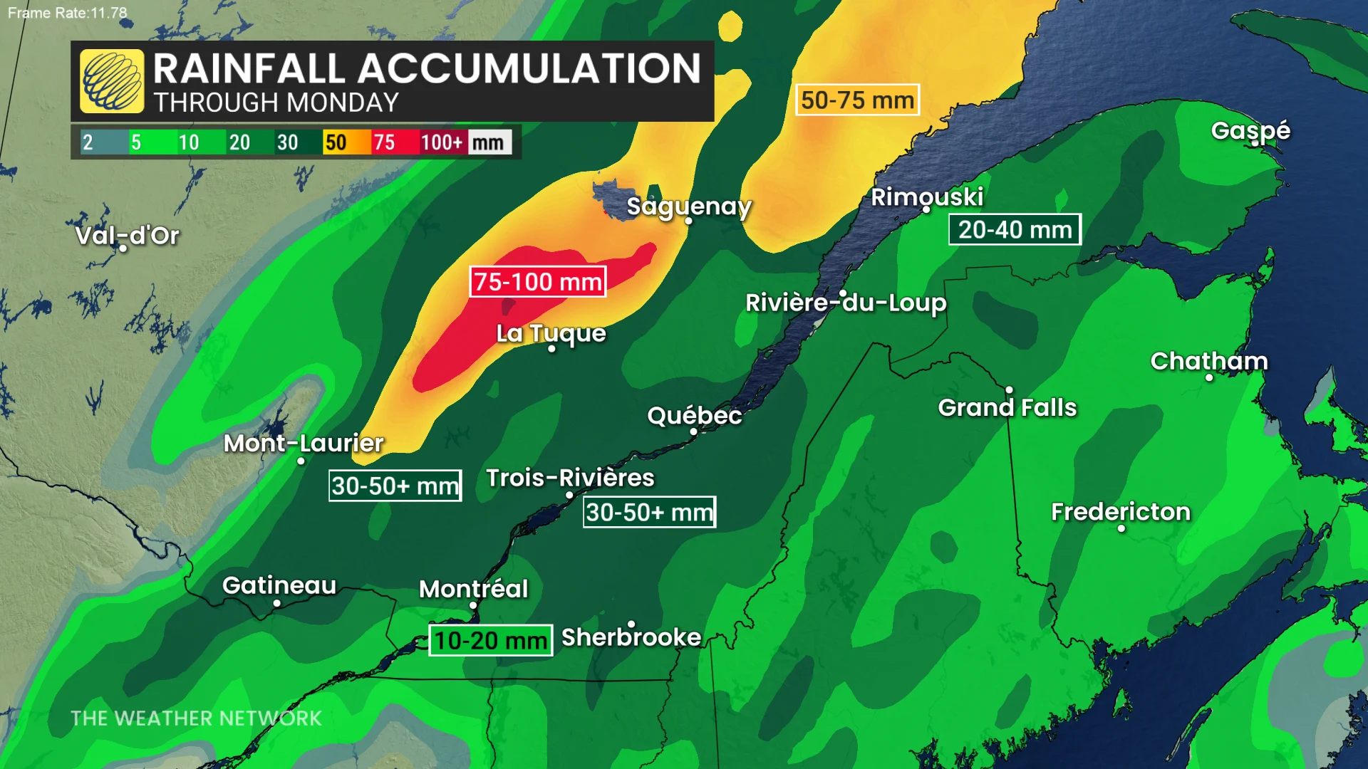 Quebec rainfall accumulation through Monday