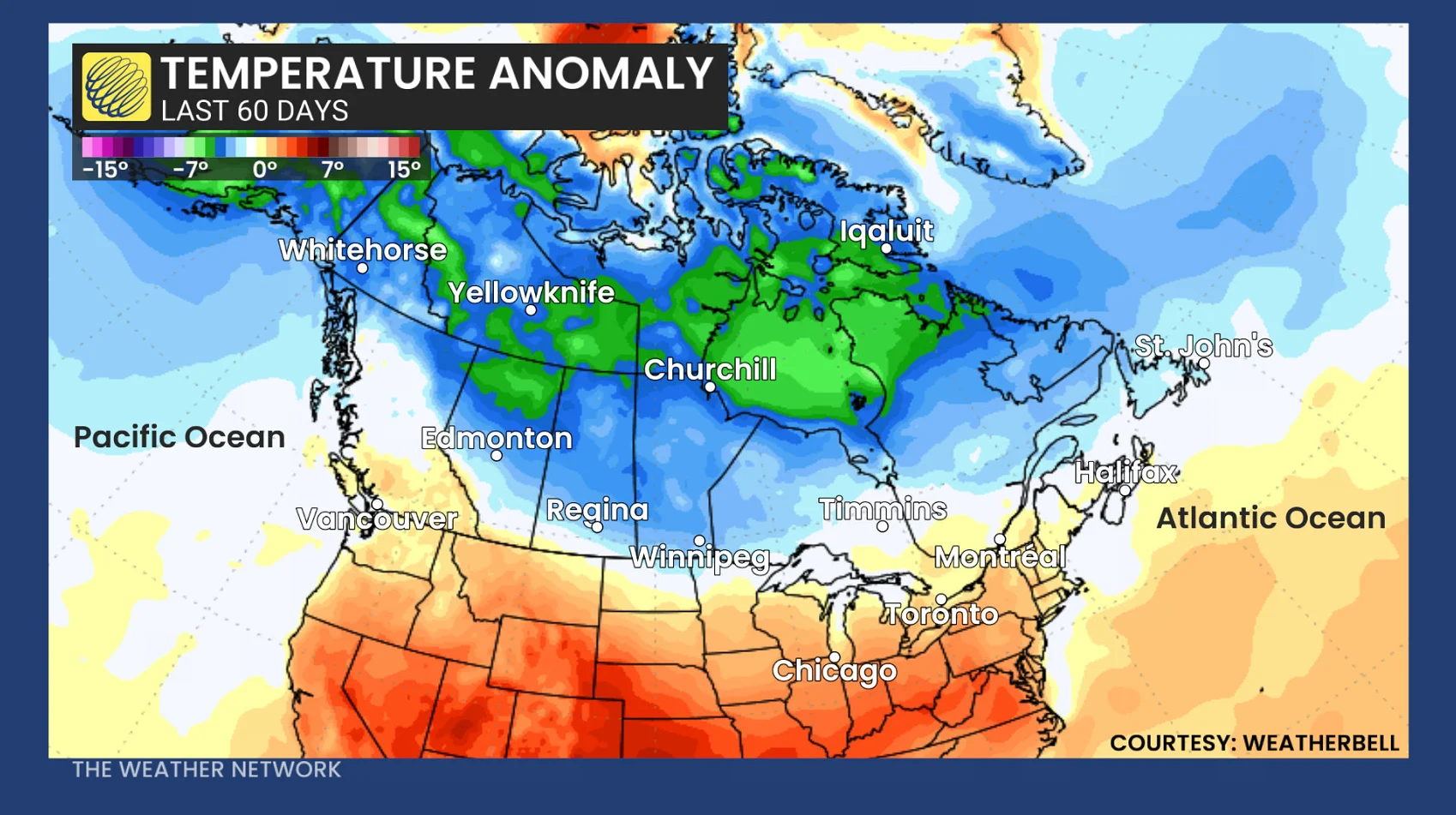 Canada temperature anomaly past 60 days