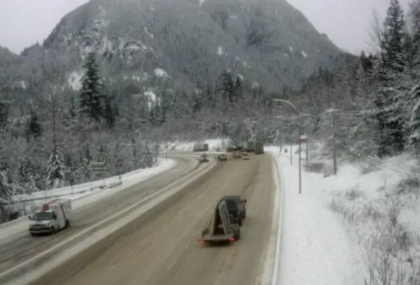 Drive BC: A web-cam view of the Coquihalla late Wednesday morning. RCMP say the highway is closed just north of the junction with Highway 3. (DriveBC.ca)
