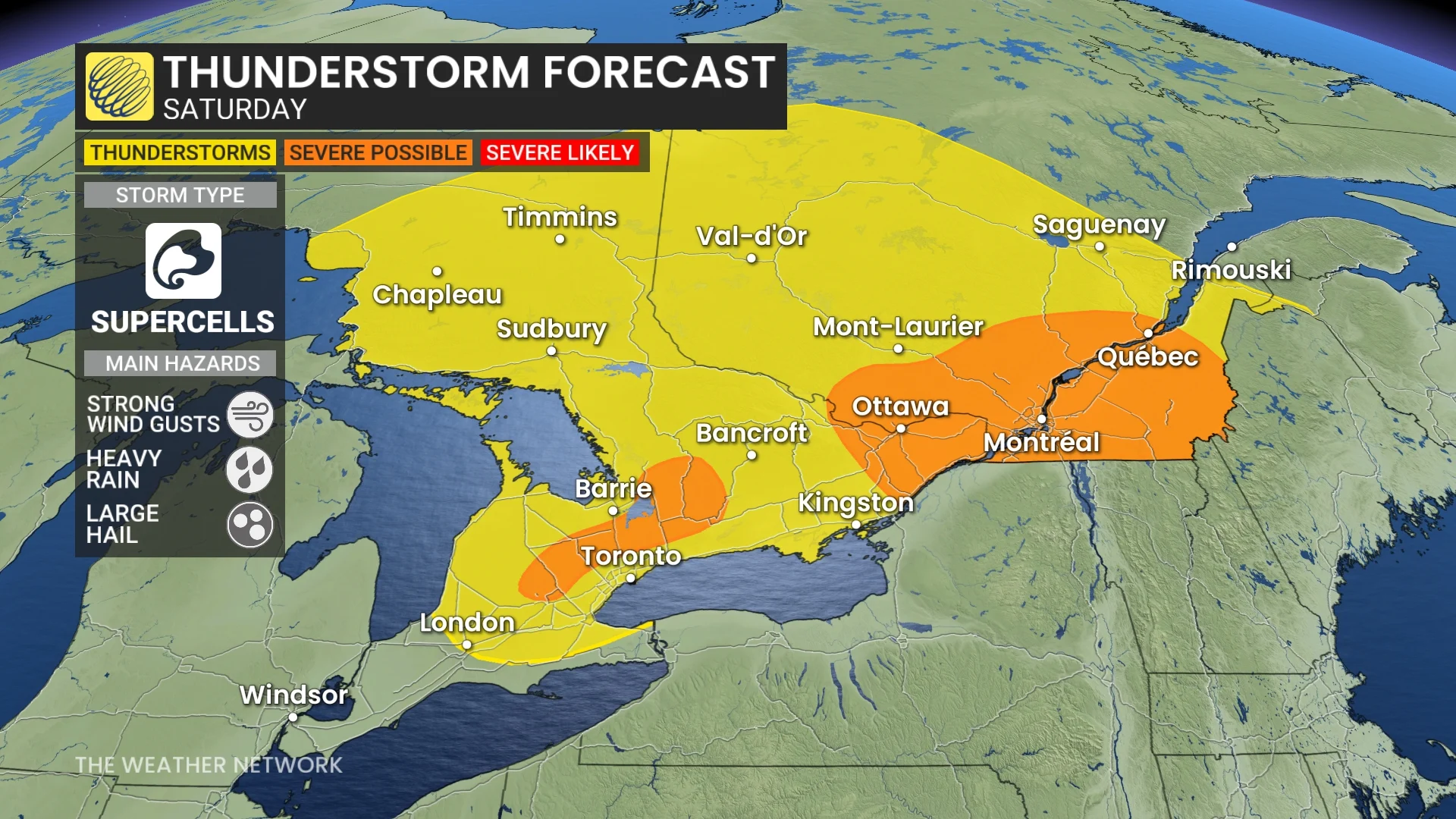 Ontario and Quebec Saturday storm risk map