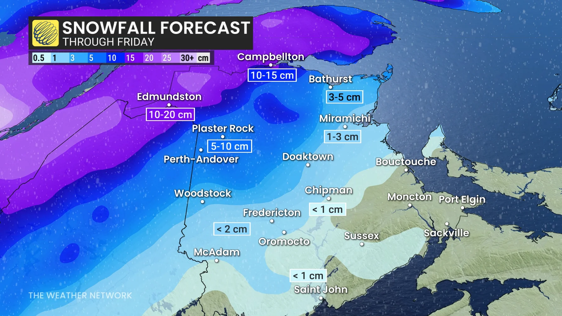 New Brunswick snowfall through Friday
