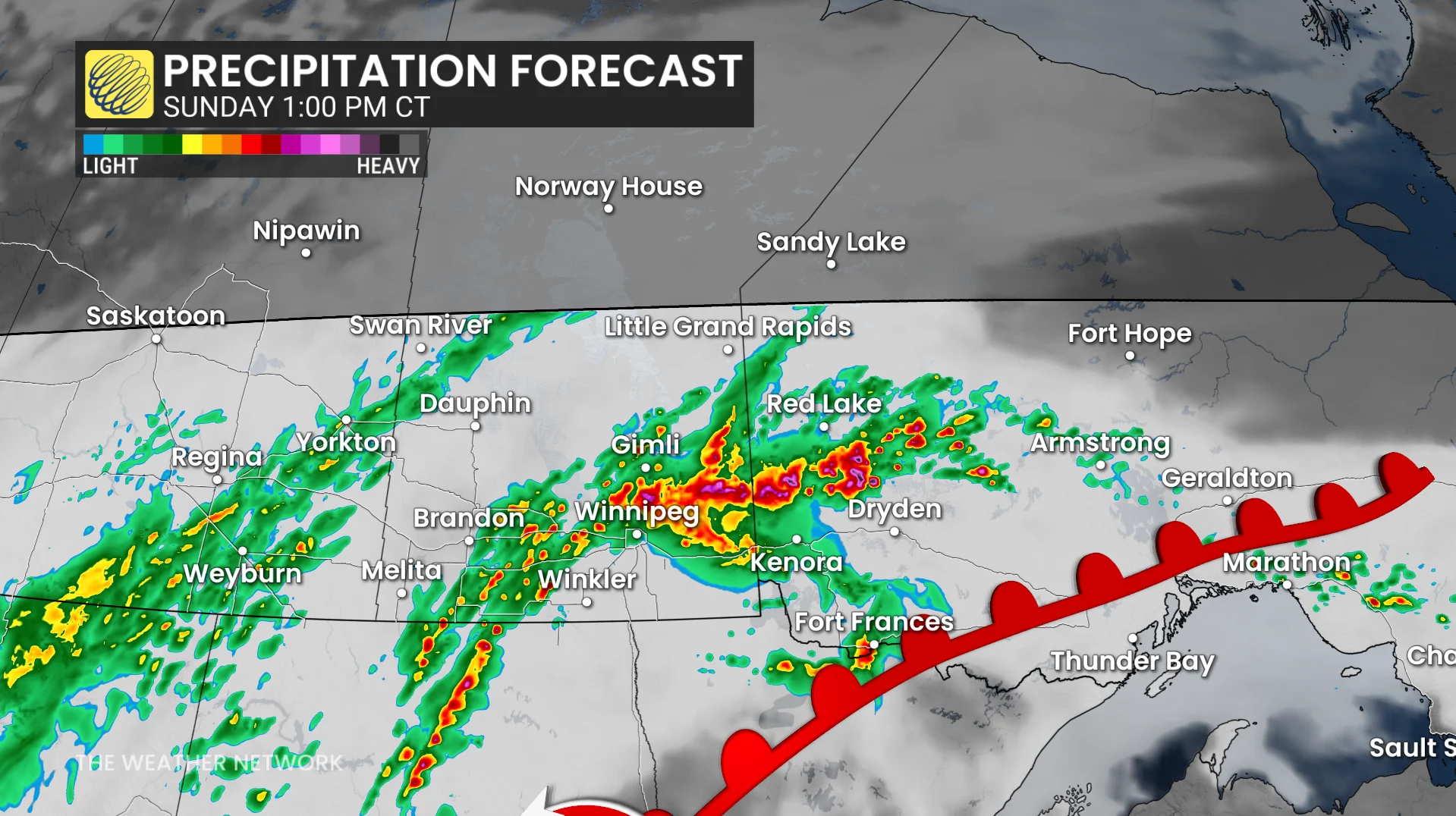 Precipitation timing Manitoba/northwestern Ontario Sunday afternoon