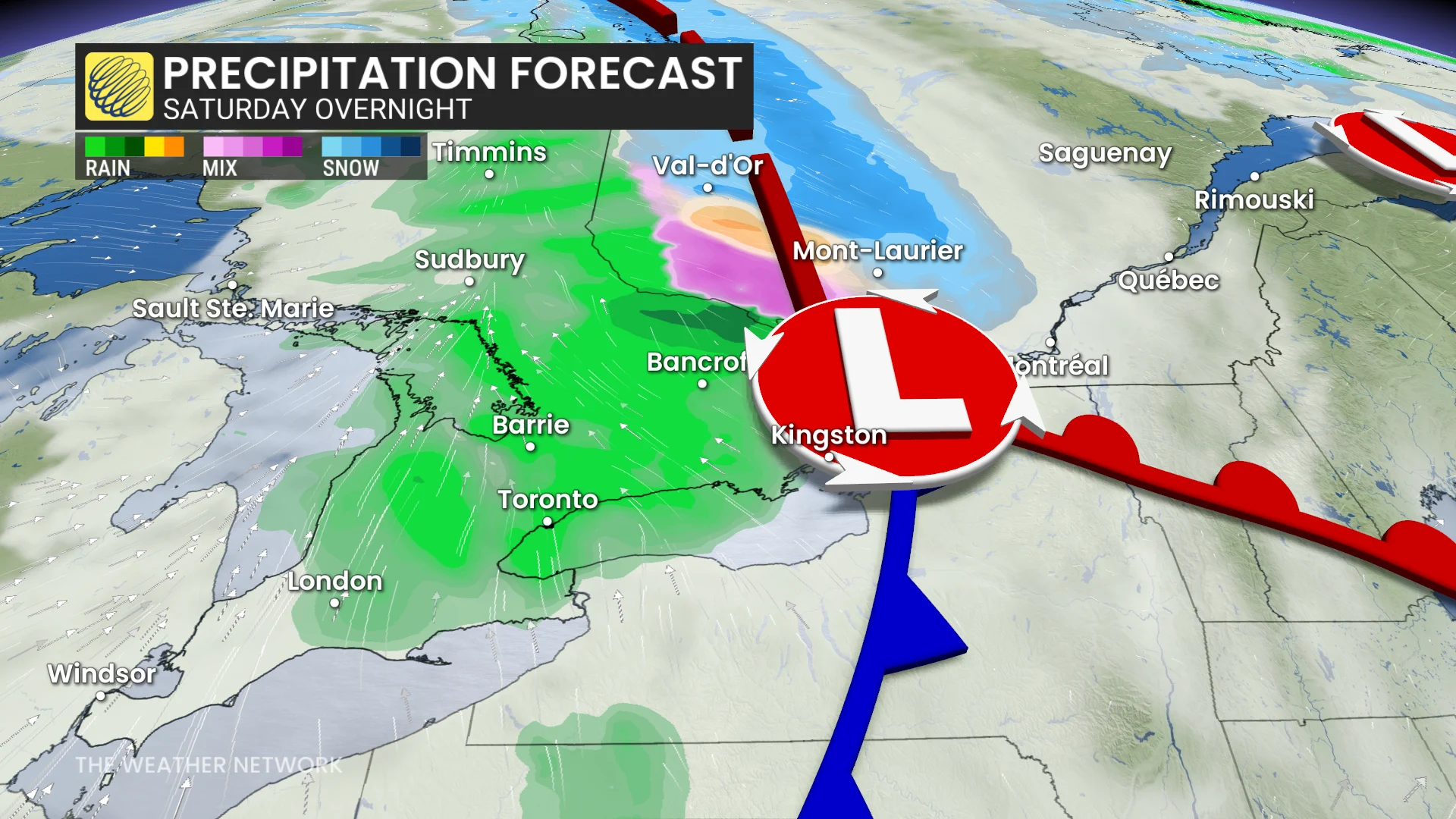 Ontario precipitation timing Saturday overnight
