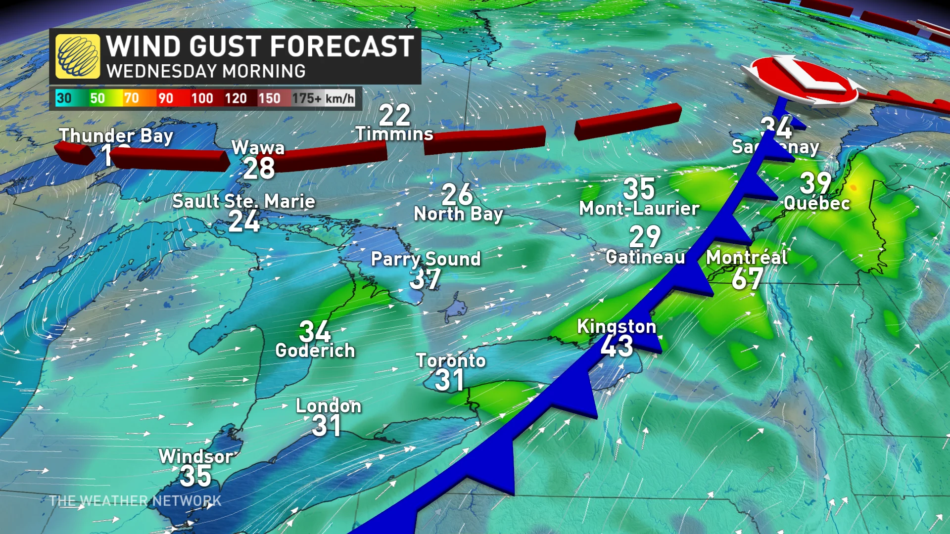 Ontario and Quebec wind gust Wednesday morning