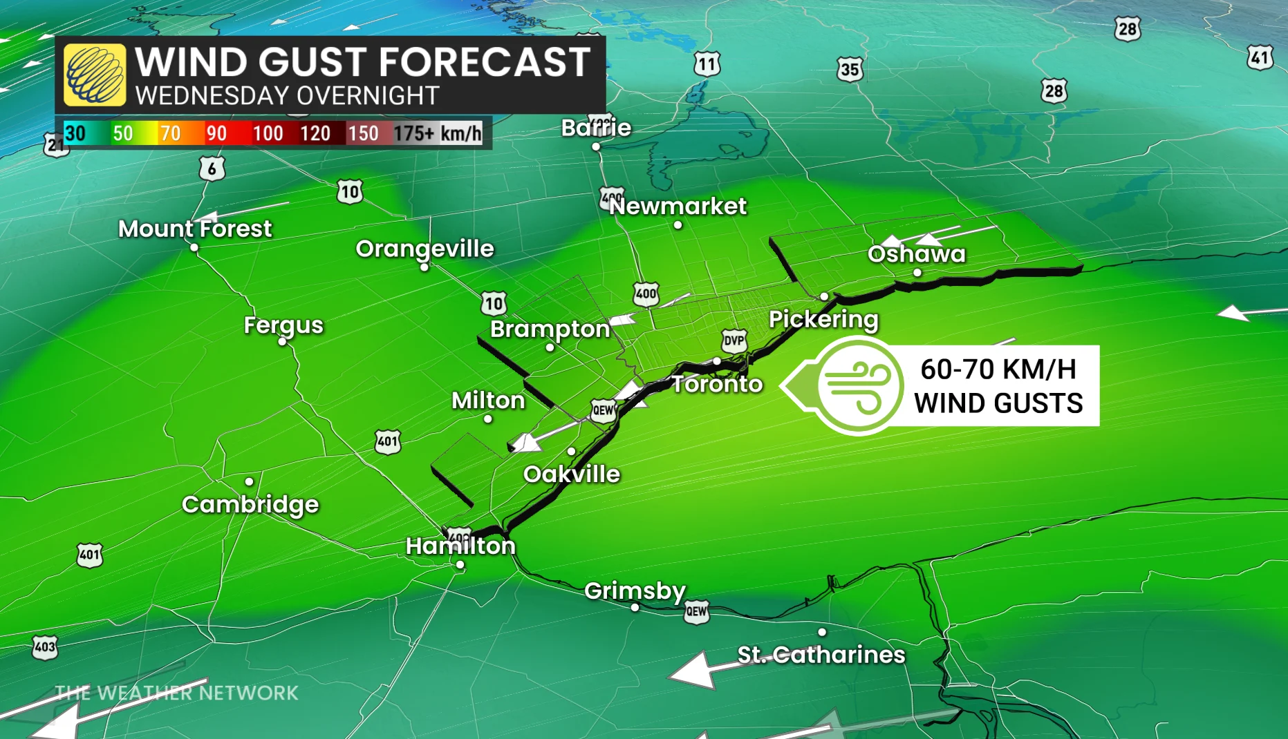 Ontario wind gust forecast Wednesday overnight