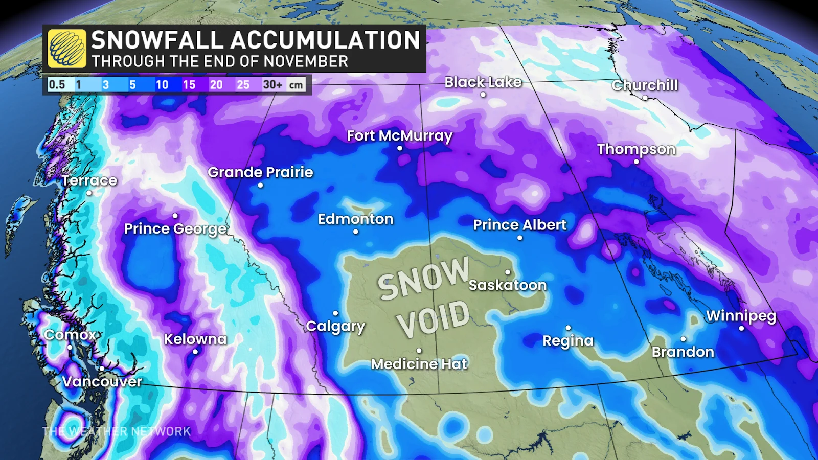 Western Canada snowfall outlook end of November - Nov. 13, 2024 