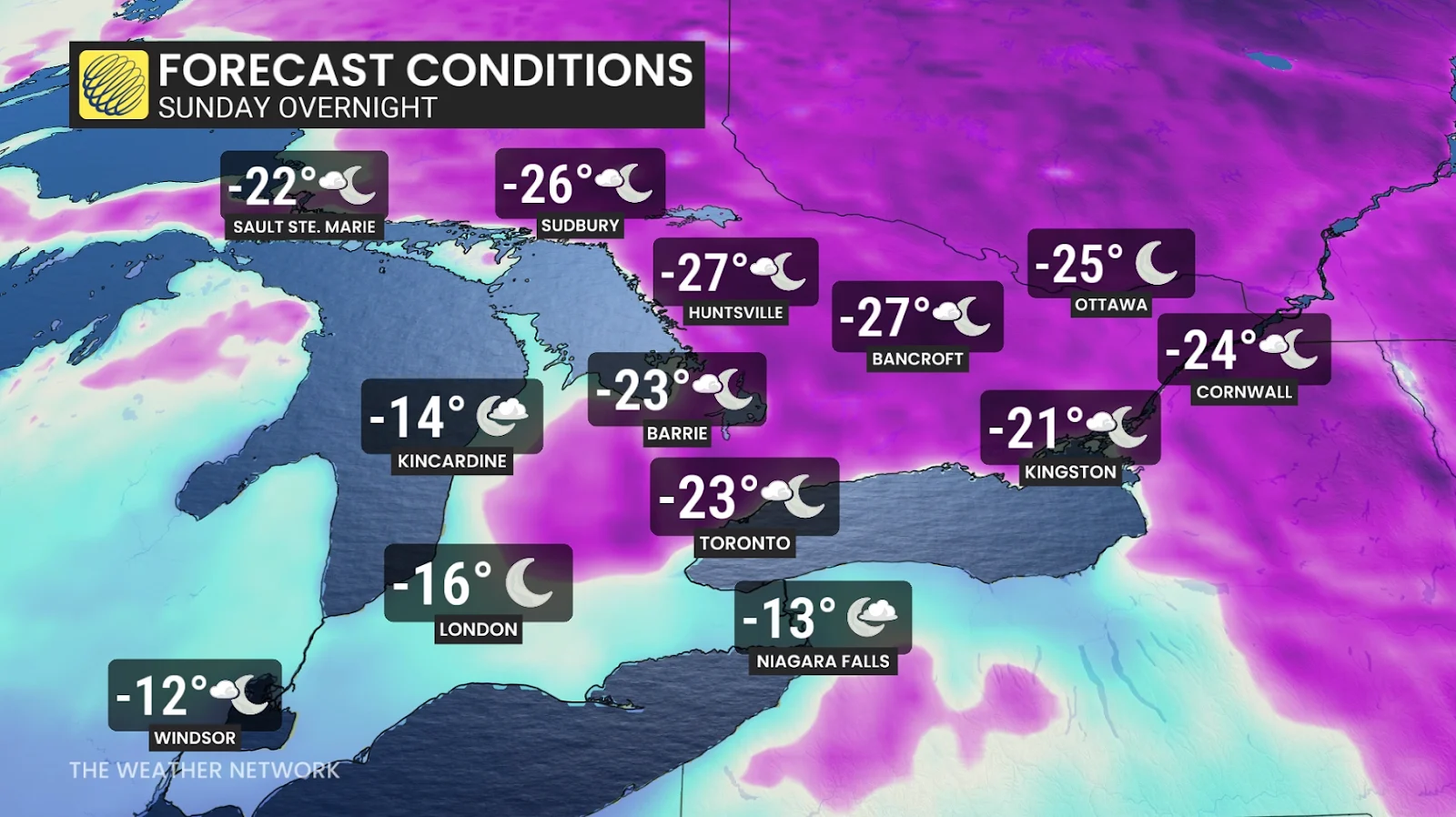 Ontario Sunday night forecast temperatures - Feb. 28, 2026
