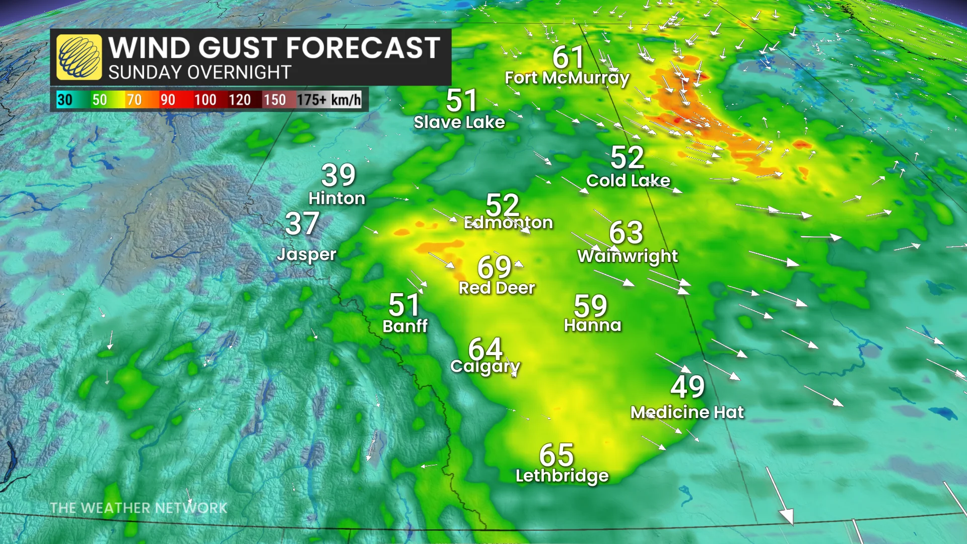 Alberta wind gusts Sunday overnight