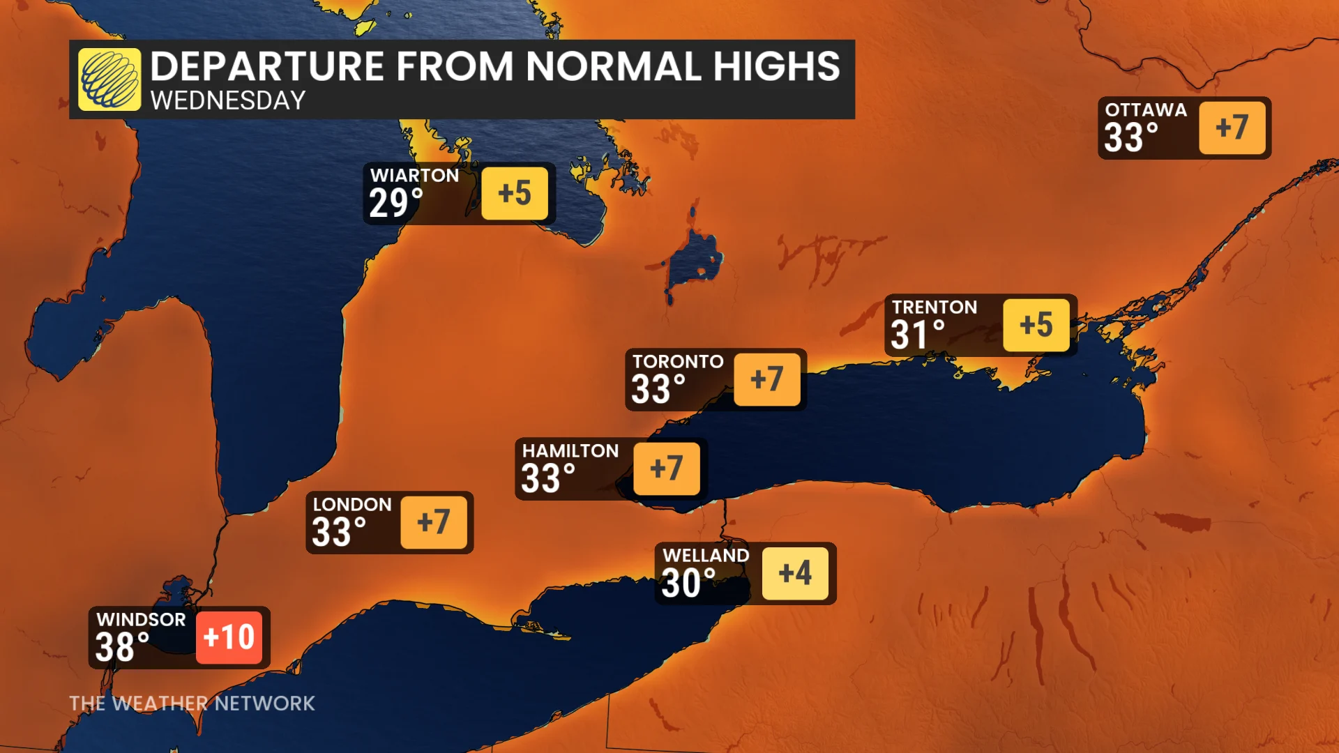 Ontario Wednesday temperatures and icons/departure from normal
