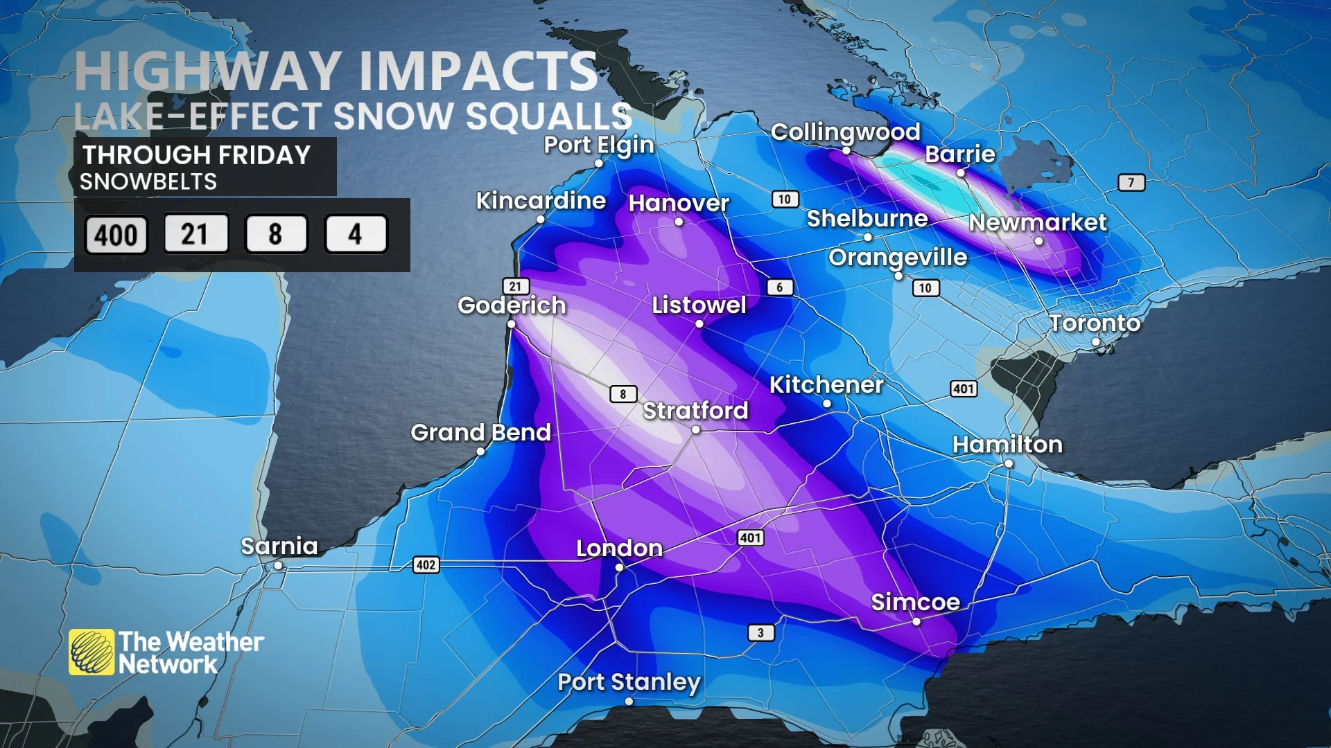 Highway impacts lake-effect snowfall Ontario through Friday