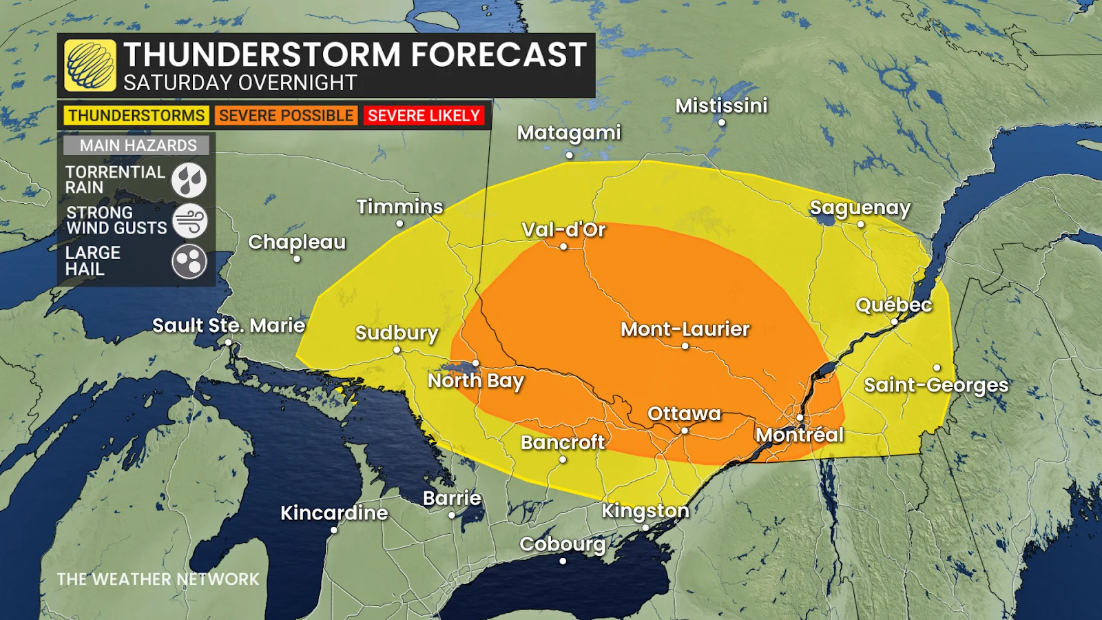 Ontario thunderstorm forecast overnight Saturday