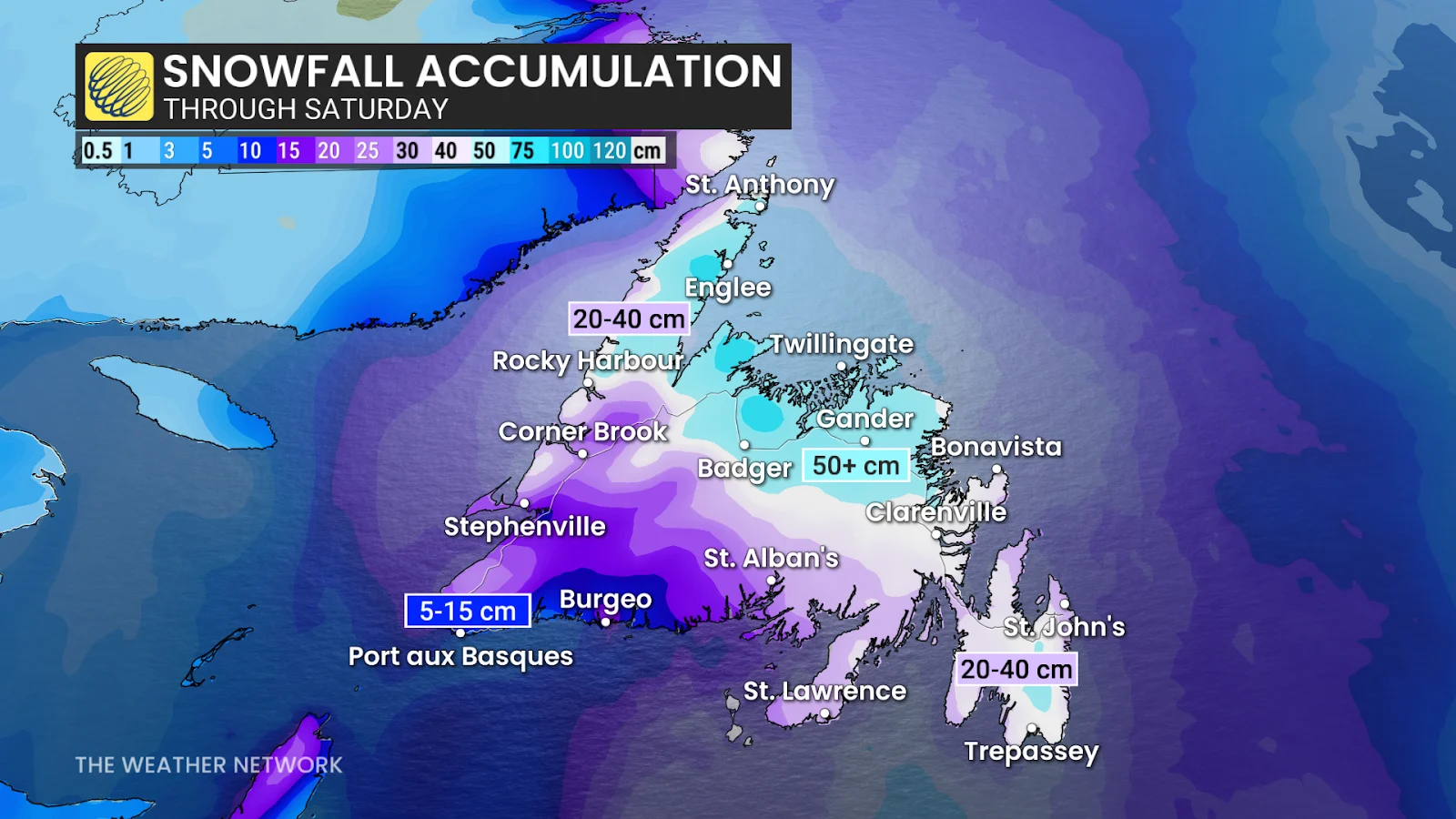 Newfoundland snowfall forecast through Saturday