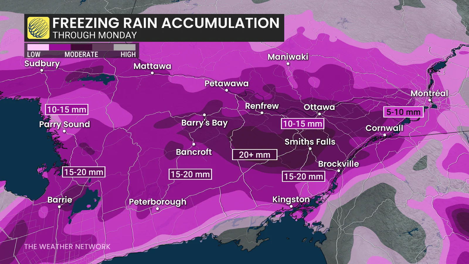 Eastern Ontario forecast freezing rain accumulation through Monday - Dec. 28, 2025