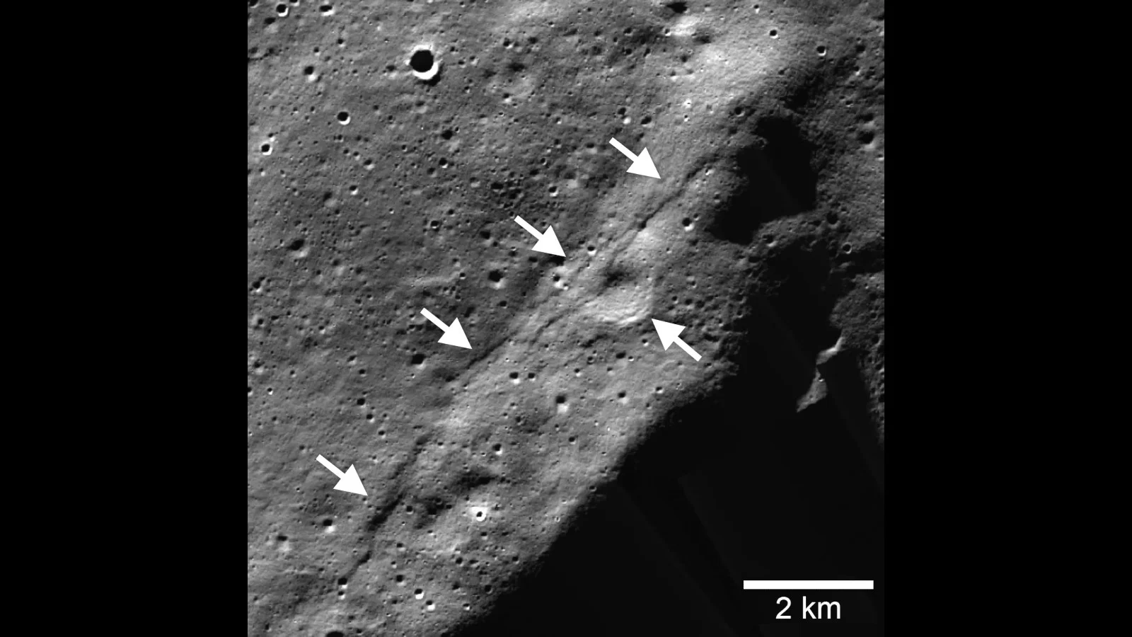 Moon south pole fault line - rotated - NASA LRO