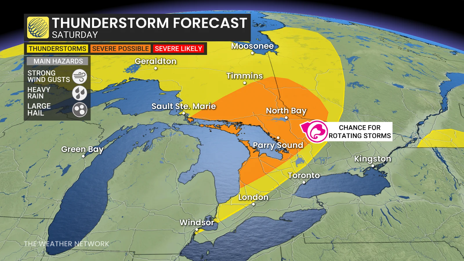 Saturday, Rain, Thunderstorm, Forecast, Ontario, July 11, 2025. (The Weather Network/Rachel Modestino)