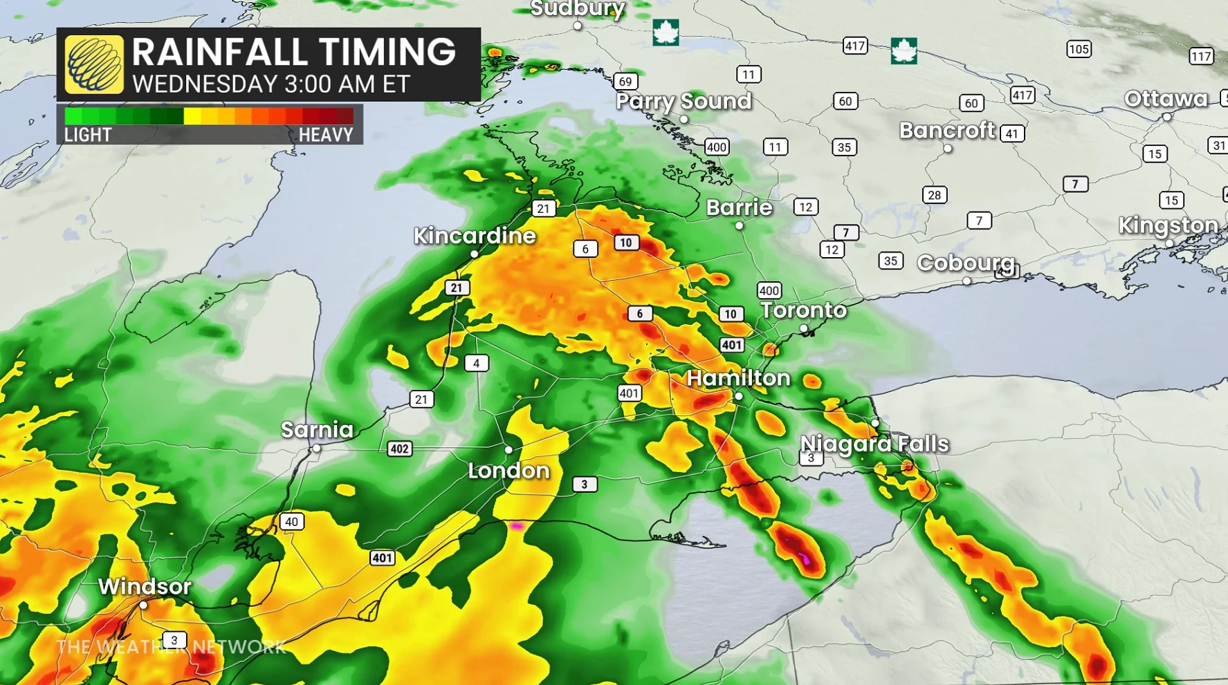 Ontario precipitation timing early Wednesday morning