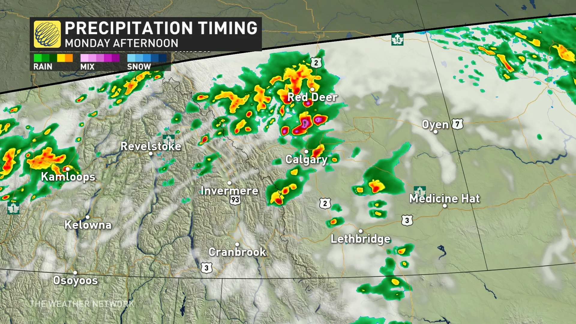 Alberta Monday afternoon precipitation timing