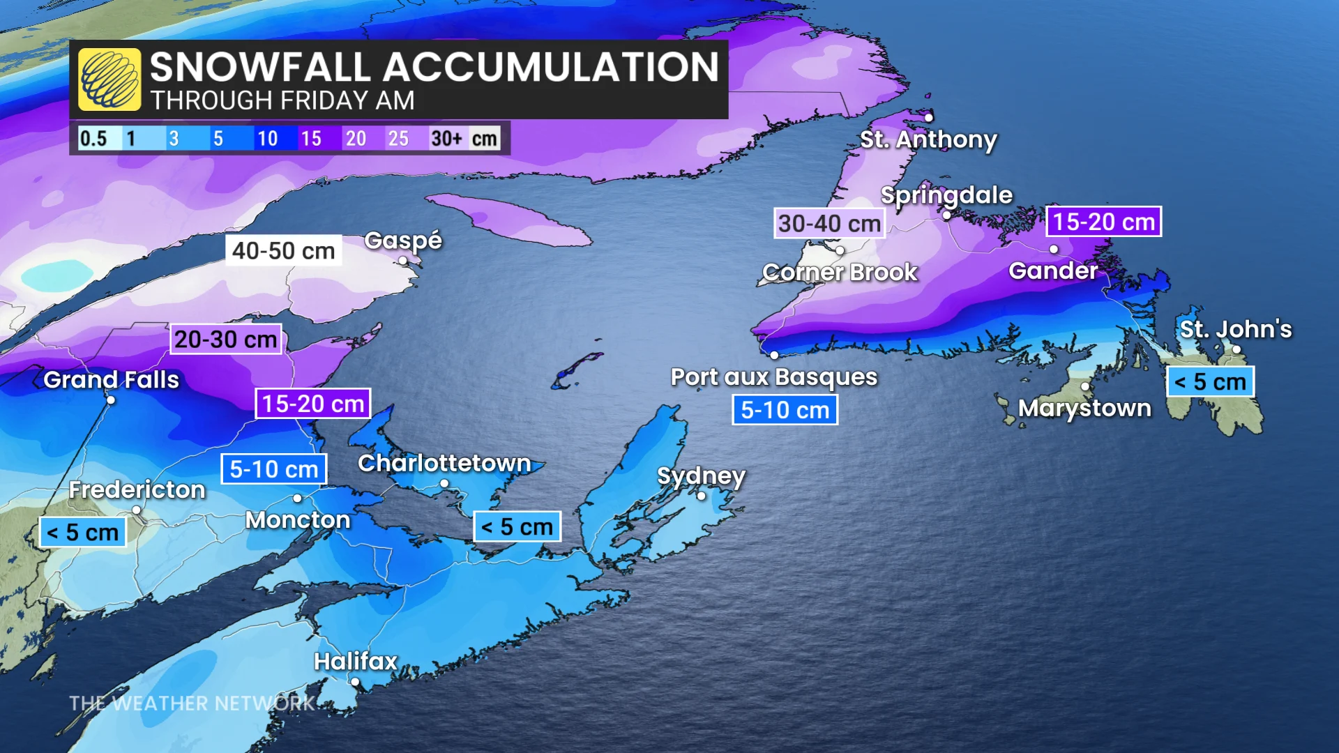 Atlantic Canada forecast snow totals through Thursday - March 11