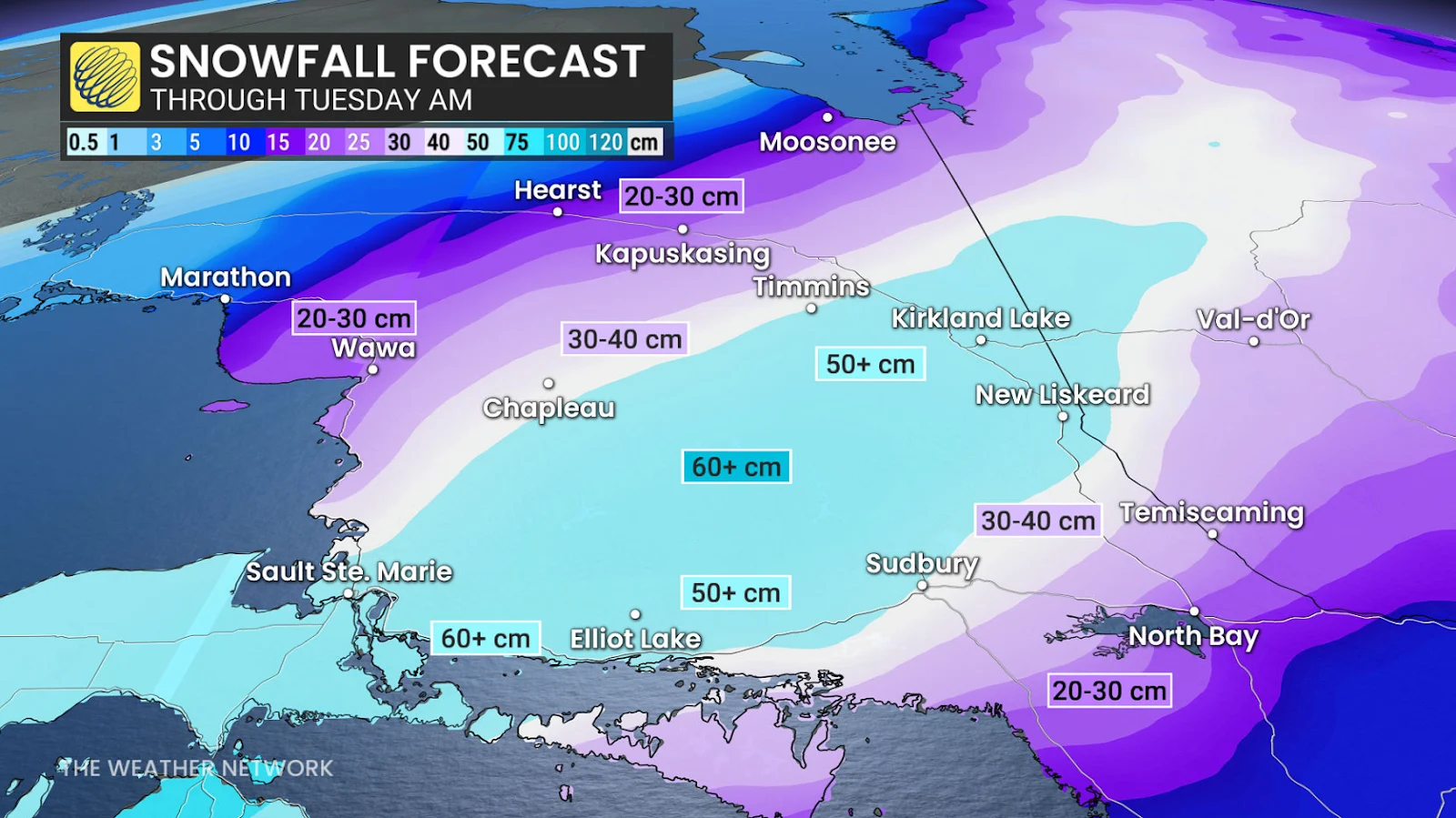 Ontario snowfall through Tuesday