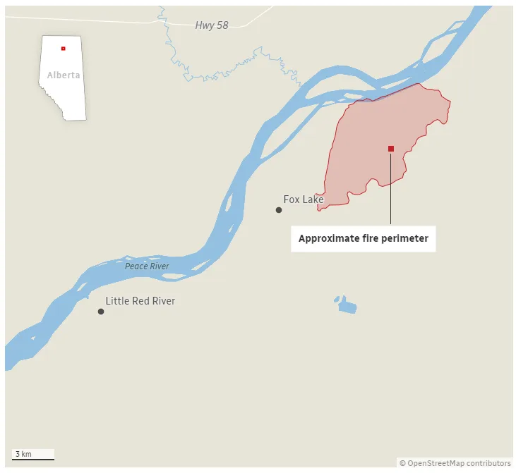 (CBC) Fox Lake Alberta wildfire perimeter May 5 2023