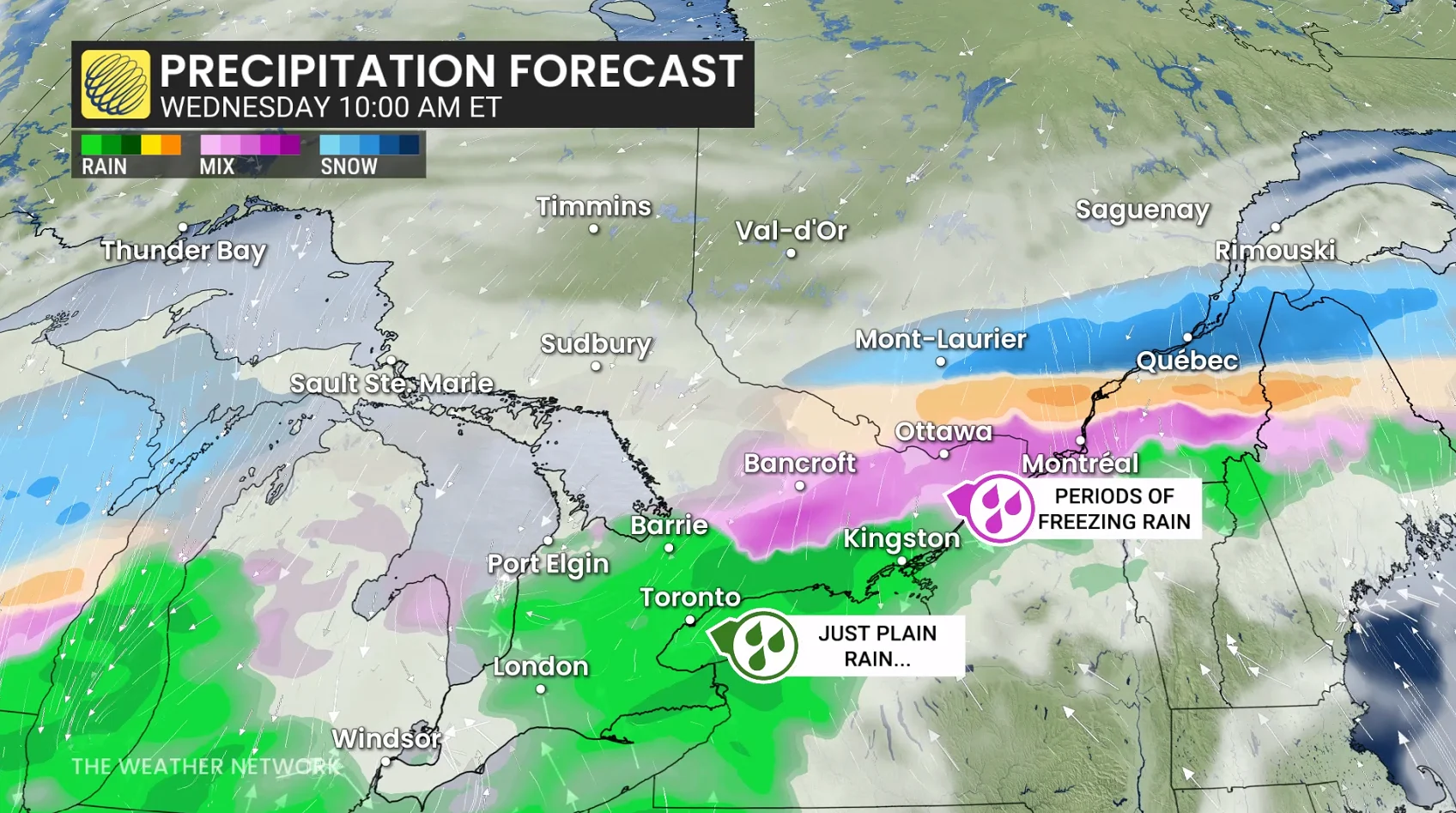 Ontario precipitation timing Wednesday morning