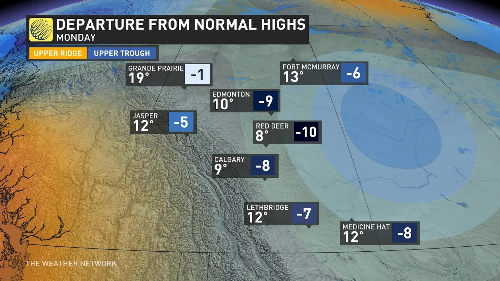 Alberta departure from normal highs Monday
