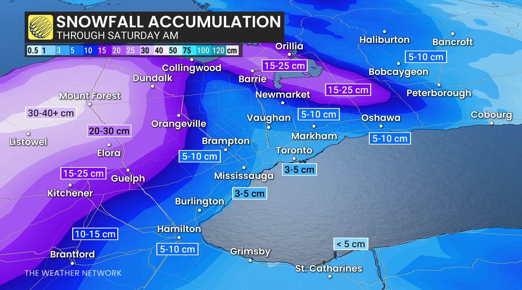 Ontario zoomed-in snowfall accumulation through Saturday