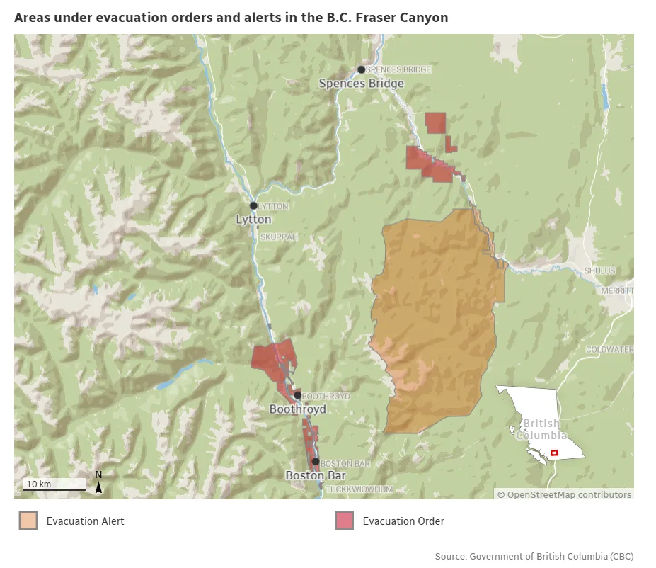 CBC - Areas under evacuation orders in the B.C. Fraser Canyon - July 17