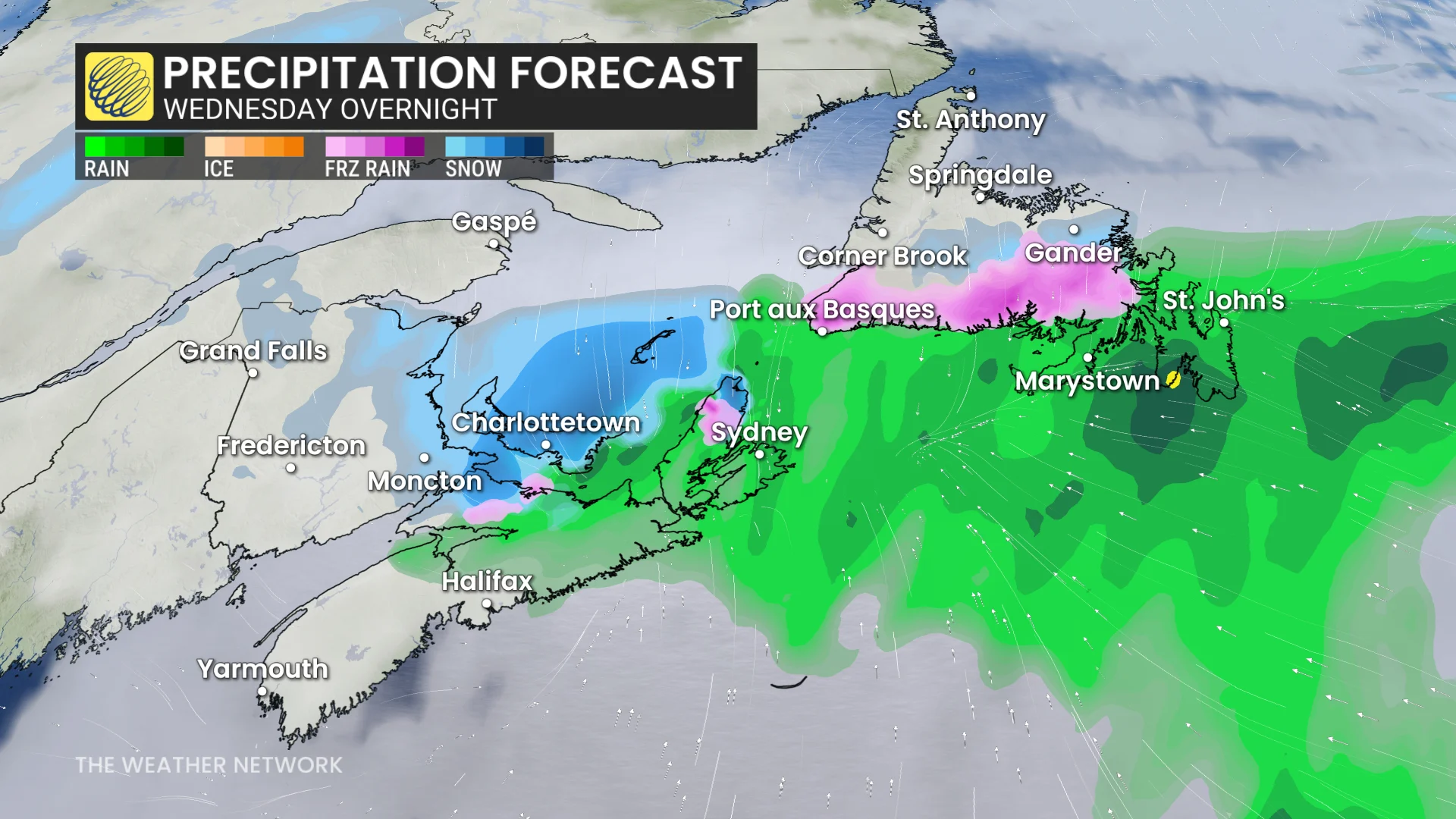 Atlantic Canada precipitation forecast Wednesday overnight
